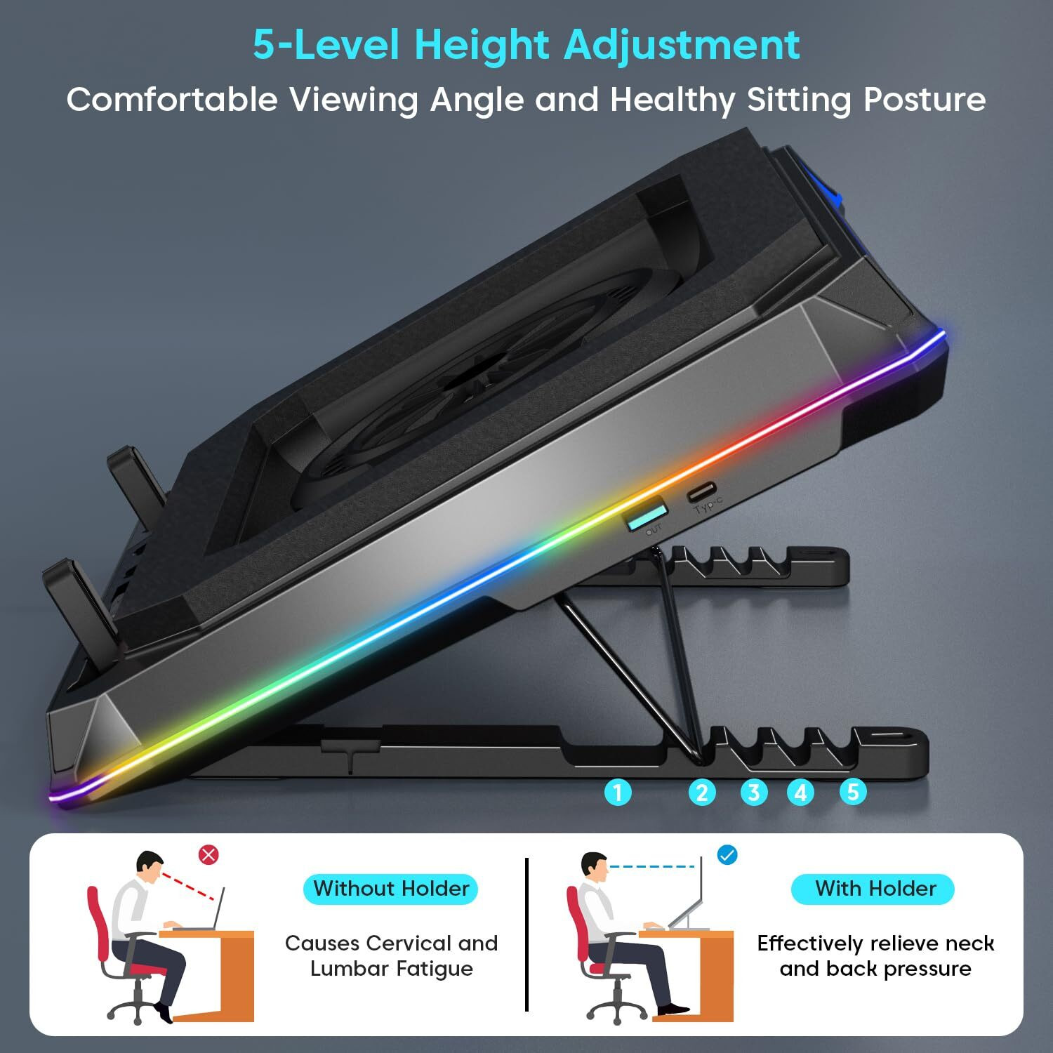 Image of sounce RGB Laptop Cooling Pad,140mm Fan,Dual USB,Mobile Holder | SNC-140MMRGBCOOLING 1 Fan Ergonomic Cooling Pad with Adjustable Height
