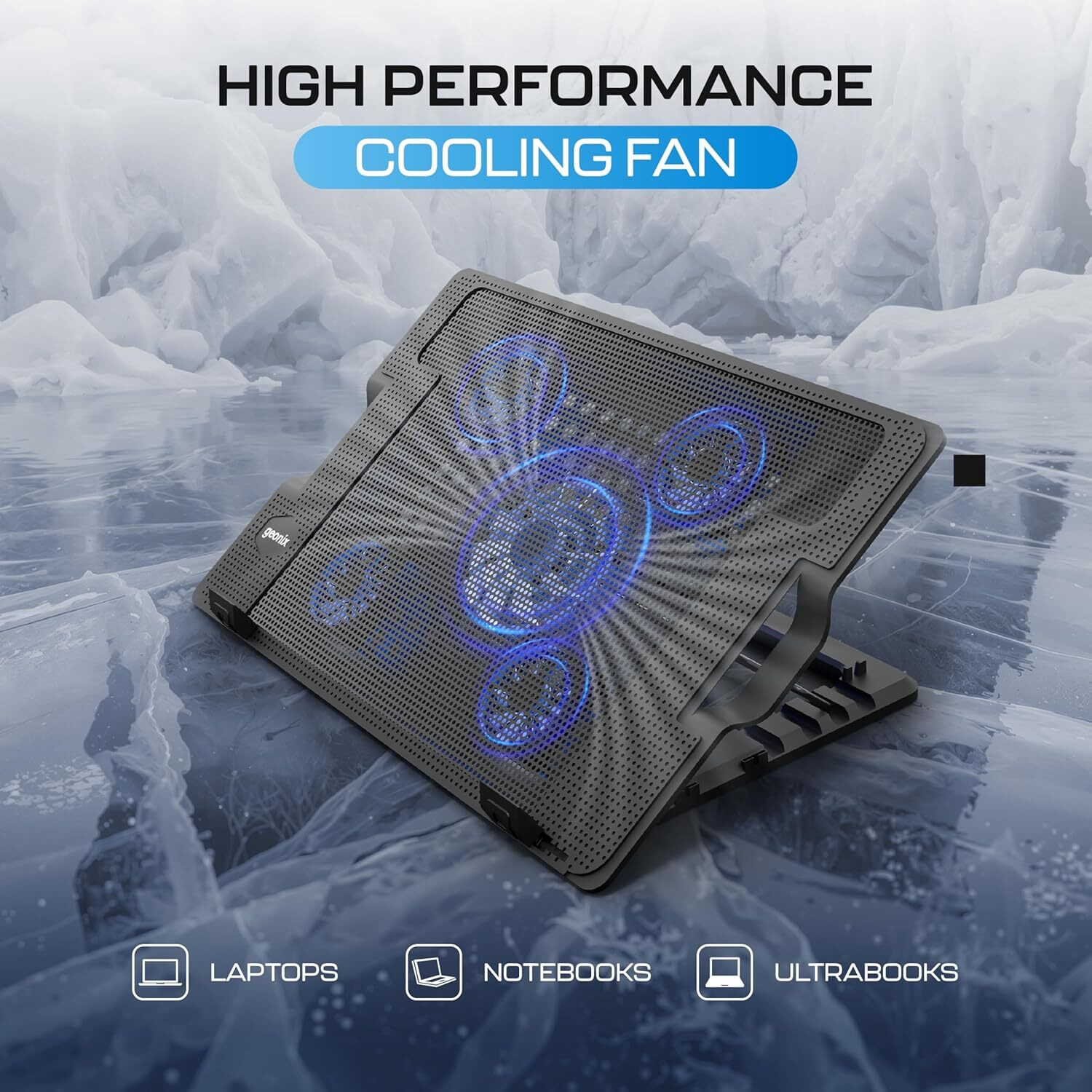 Image of GEONIX CoolZ 5 Fan Ergonomic Cooling Pad with Adjustable Height (Black & Blue)