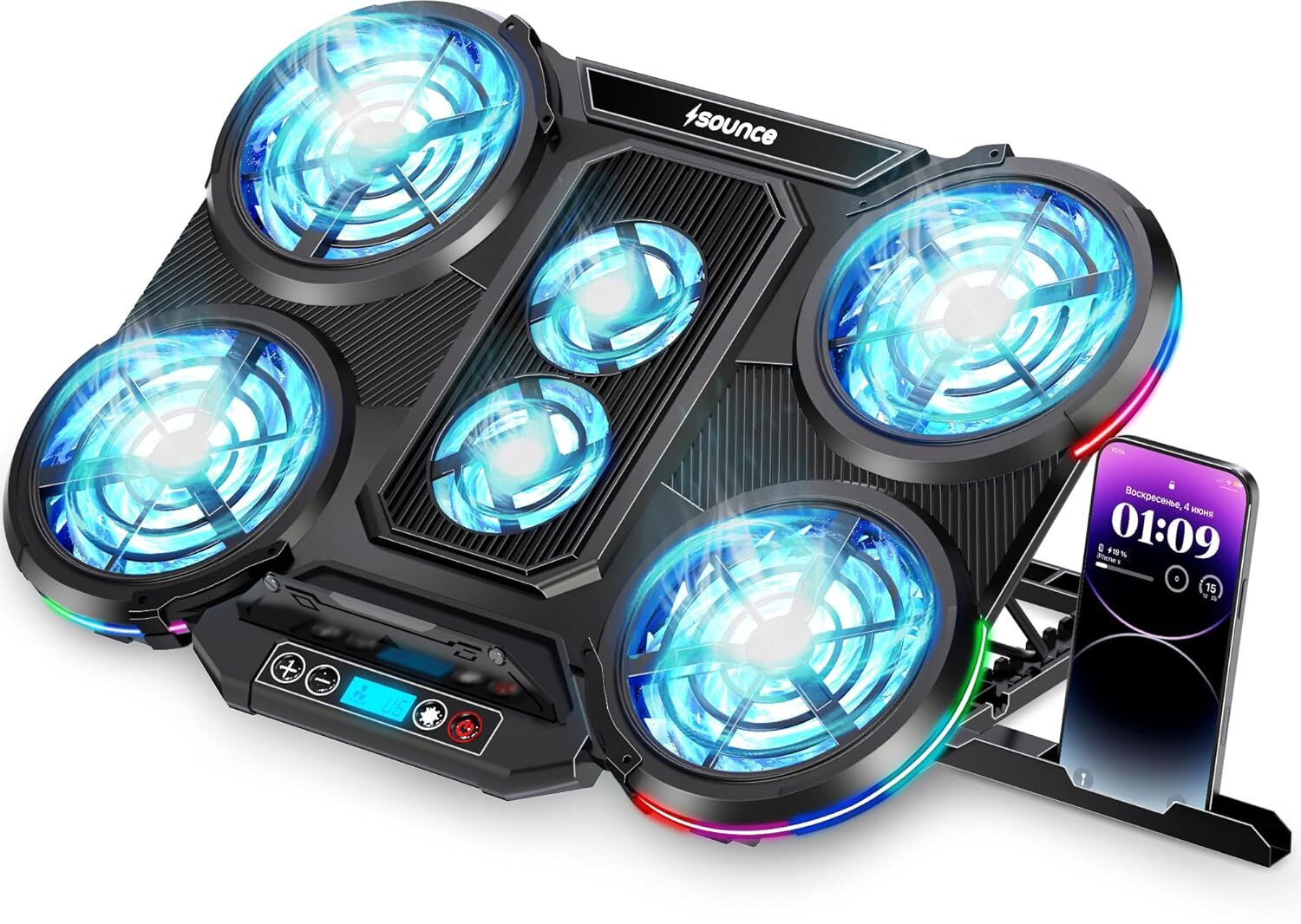 Image of sounce RGB Laptop Cooling Pad, 6 Silent Fans, Dual USB, LCD, Adjustable Stand | SNC- 6 Fan Ergonomic Cooling Pad with Adjustable Height