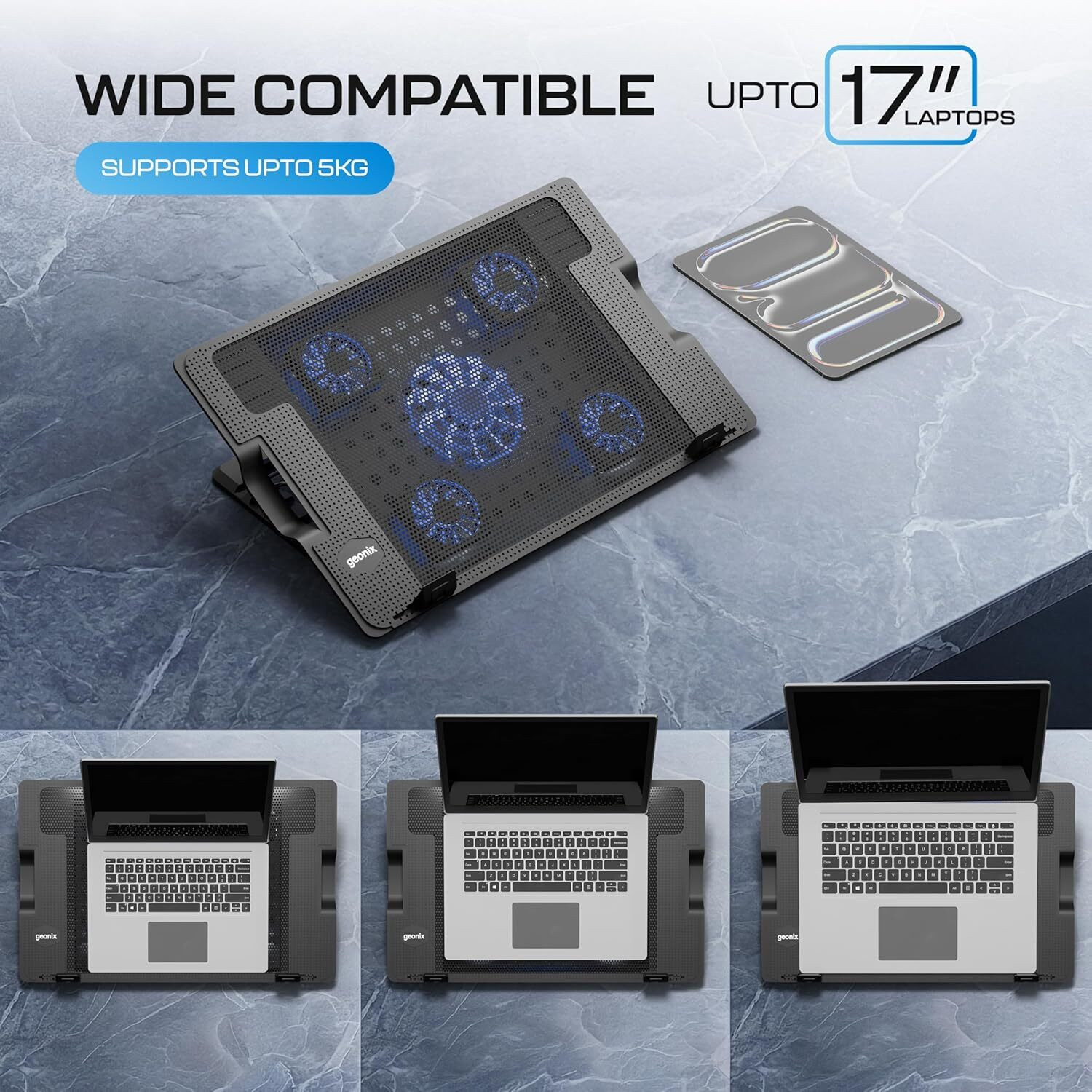 Image of GEONIX GXLCP05FM 5 Fan Ergonomic Cooling Pad with Adjustable Height
