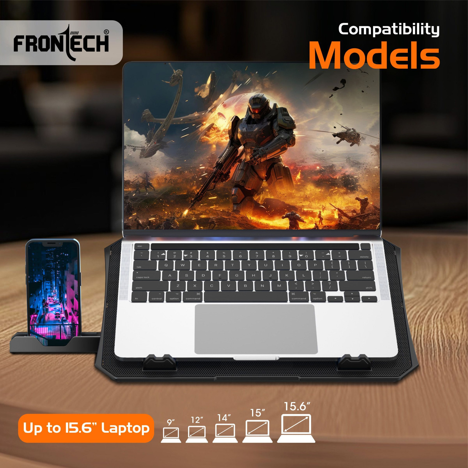 Image of Frontech Laptop Cooling Pad | 2x125mm LED Fans | Built-in Mobile Stand | 2 Fan Ergonomic Cooling Pad with Adjustable Height