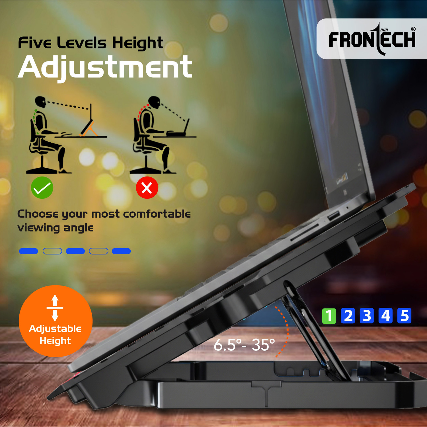 Image of Frontech Laptop Cooling Pad | 2x125mm Fans | Heat Dissipation | 2 USB Ports | 2 Fan Cooling Pad with Adjustable Height