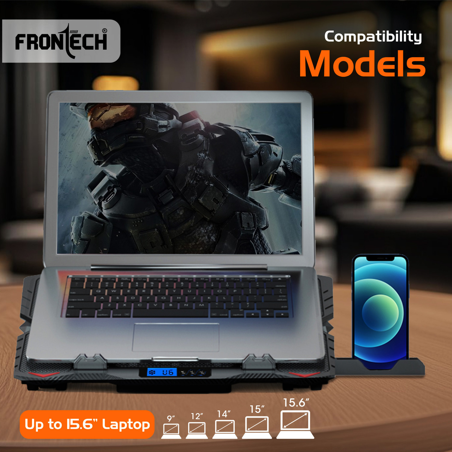 Image of Frontech Laptop Cooling Pad | 2x125mm Fans | Heat Dissipation | 2 USB Ports | 2 Fan Cooling Pad with Adjustable Height