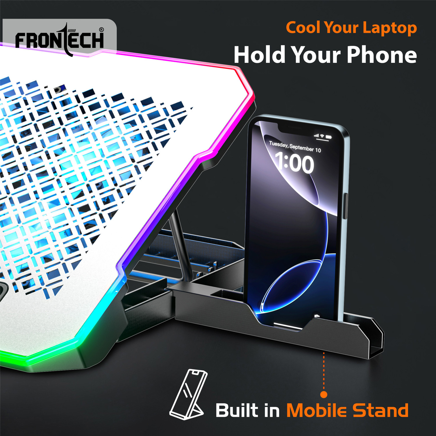 Image of Frontech Laptop Cooling Pad | 6x60mm RGB Fans | Heat Dissipation Design | Mobile Stand | 6 Fan Cooling Pad with Adjustable Height