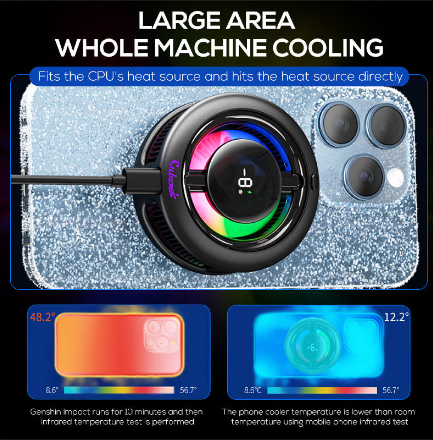 Image of Cubonic 15W CX19 Magnetic Cooler + Wireless Charging Device with Compatible IOS /Android Gadgets, LED Display, Cool RGB, 1 Button Operation, Instant Chill Type C Wired USB Fan