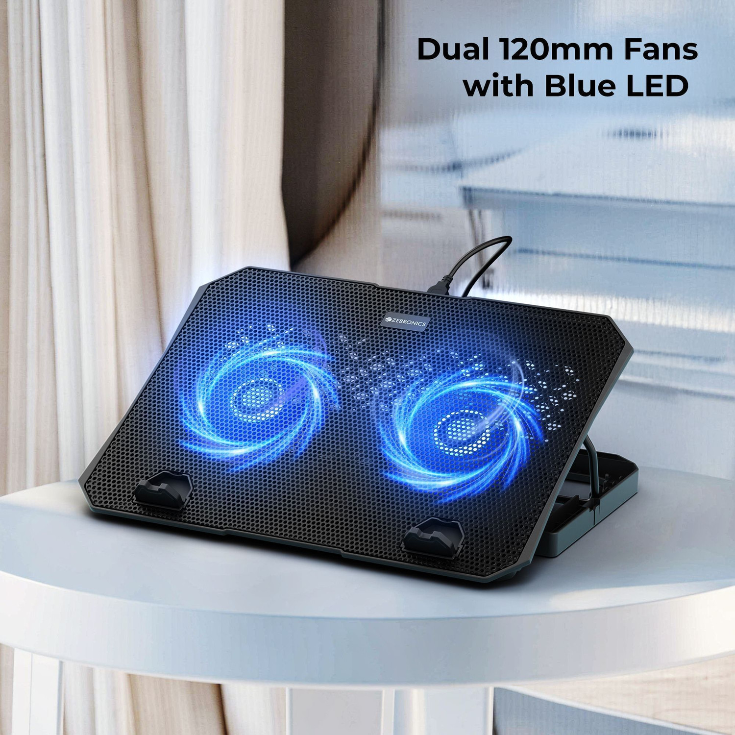 Image of ZEBRONICS NC3500 with Blue LED, 2-Fan Ergonomic Cooling Pad, with Adjustable Height 2 Fan Ergonomic Cooling Pad with Adjustable Height