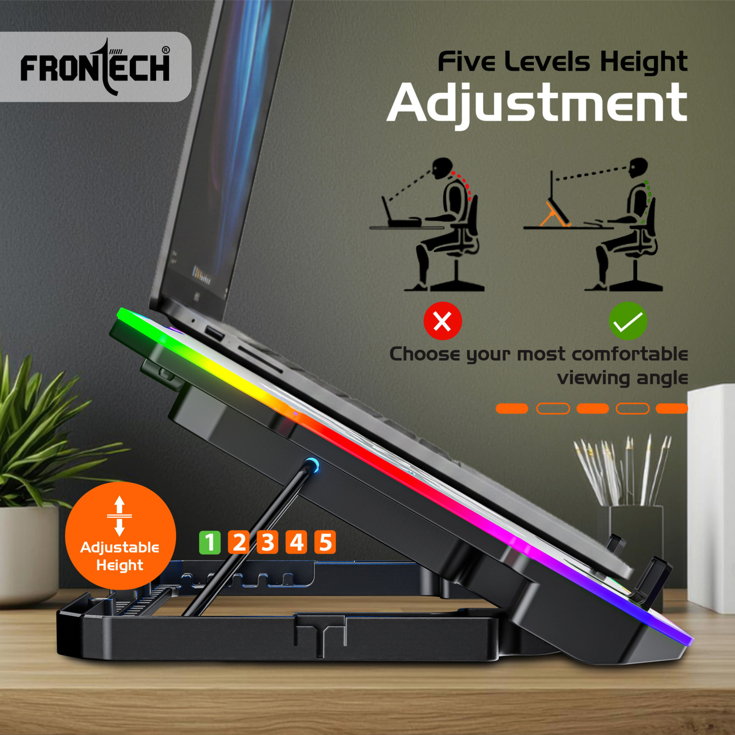 Image of Frontech Laptop Cooling Pad | 6x60mm RGB Fans | Heat Dissipation Design | Mobile Stand | 6 Fan Cooling Pad with Adjustable Height