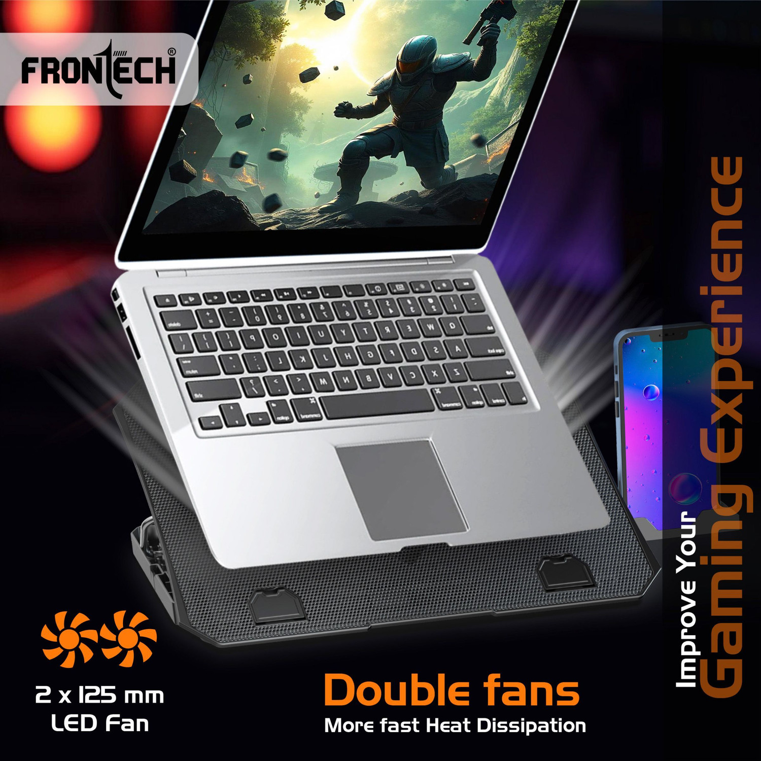 Image of Frontech Laptop Cooling Pad | 2x125mm LED Fans | Built-in Mobile Stand | 2 Fan Ergonomic Cooling Pad with Adjustable Height