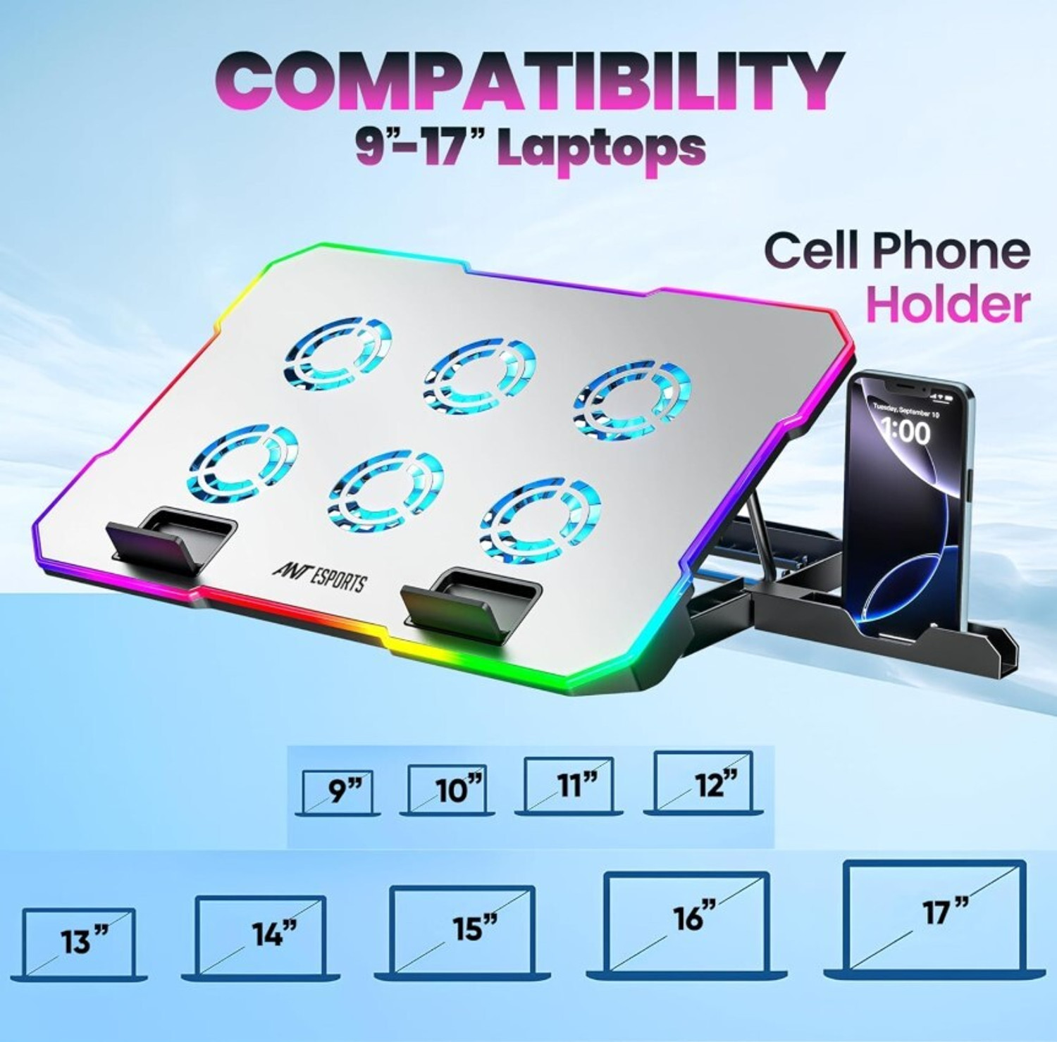Image of Ant Esports NC510 6 Fan Ergonomic Cooling Pad with Adjustable Height