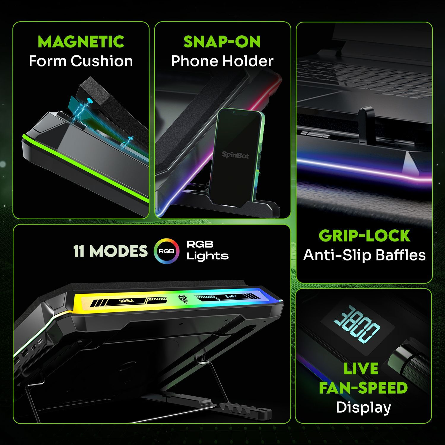 Image of SpinBot AirFlow X50 |11 RGB Effect|3800RPM|Magnetic Foam Cushion|2 Type C & 4 USB Hub| 1 Fan Ergonomic Cooling Pad with Adjustable Height