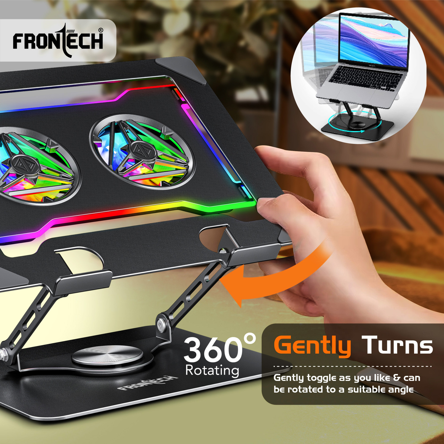 Image of Frontech 360 Rotating Laptop Cooling Stand | 2x65 mm RGB | Heat Dissipation Design | 2 Fan Cooling Pad with Adjustable Height