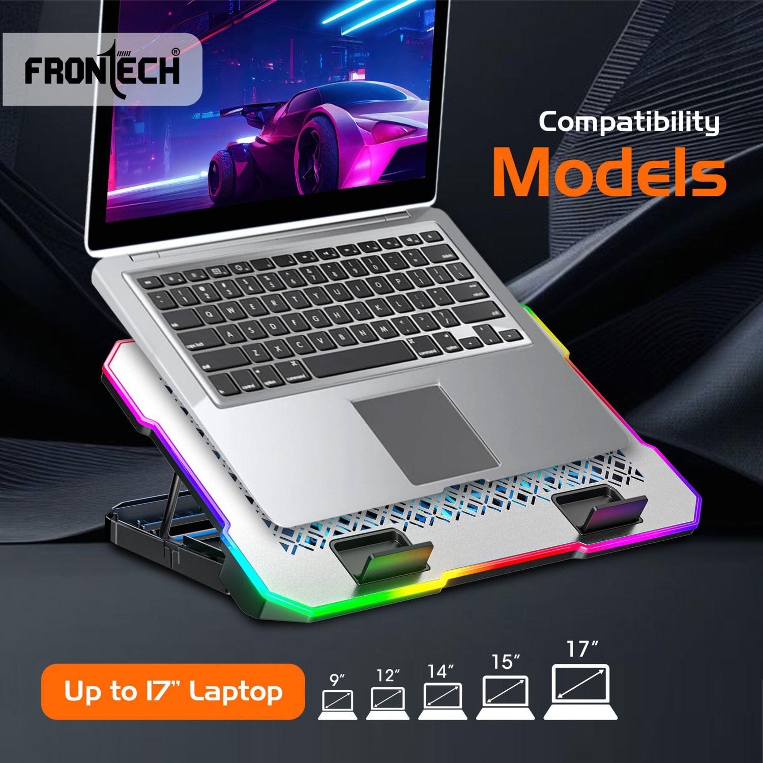 Image of Frontech Laptop Cooling Pad | 6x60mm RGB Fans | Heat Dissipation Design | Mobile Stand | 6 Fan Cooling Pad with Adjustable Height