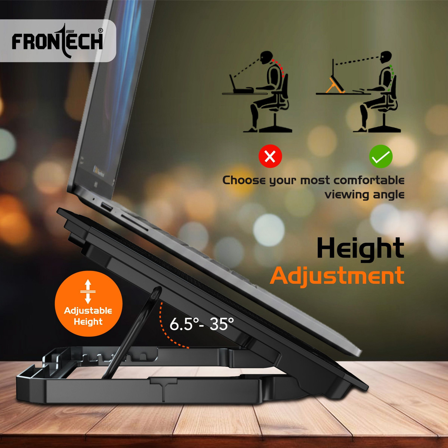 Image of Frontech Laptop Cooling Pad | 2x125mm LED Fans | Built-in Mobile Stand | 2 Fan Ergonomic Cooling Pad with Adjustable Height