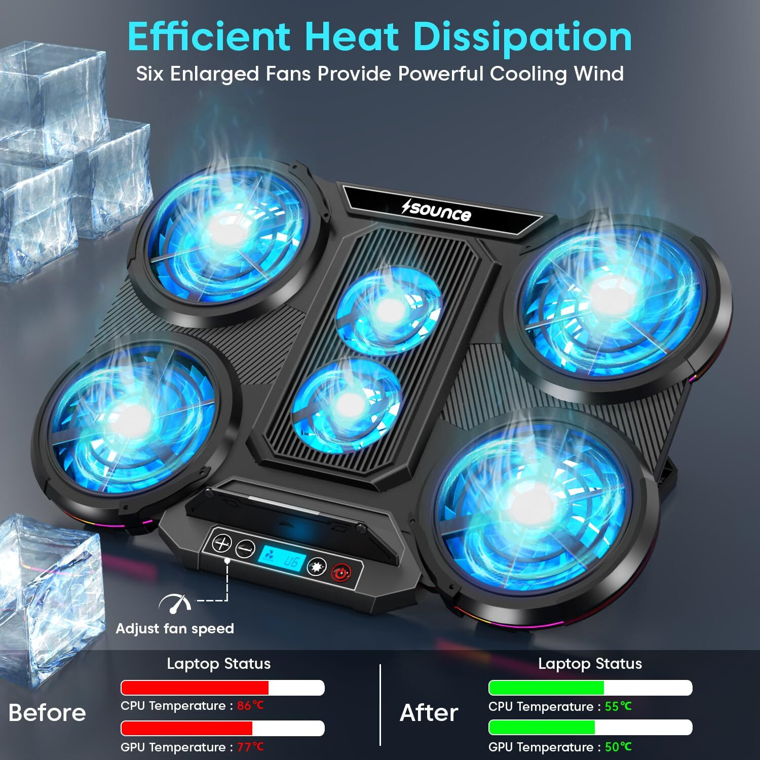 Image of sounce RGB Laptop Cooling Pad, 6 Silent Fans, Dual USB, LCD, Adjustable Stand | SNC- 6 Fan Ergonomic Cooling Pad with Adjustable Height