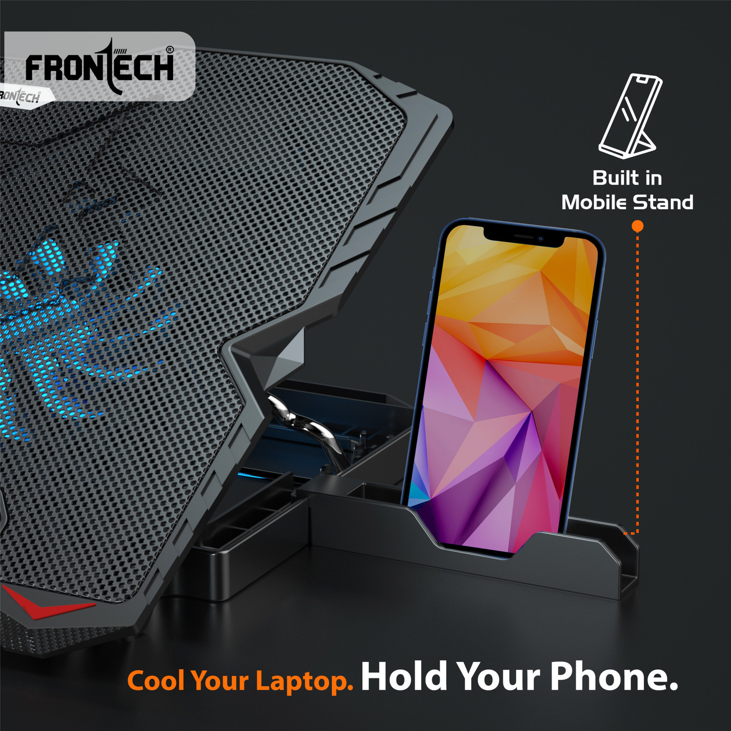 Image of Frontech Laptop Cooling Pad | 2x125mm Fans | Heat Dissipation | 2 USB Ports | 2 Fan Cooling Pad with Adjustable Height