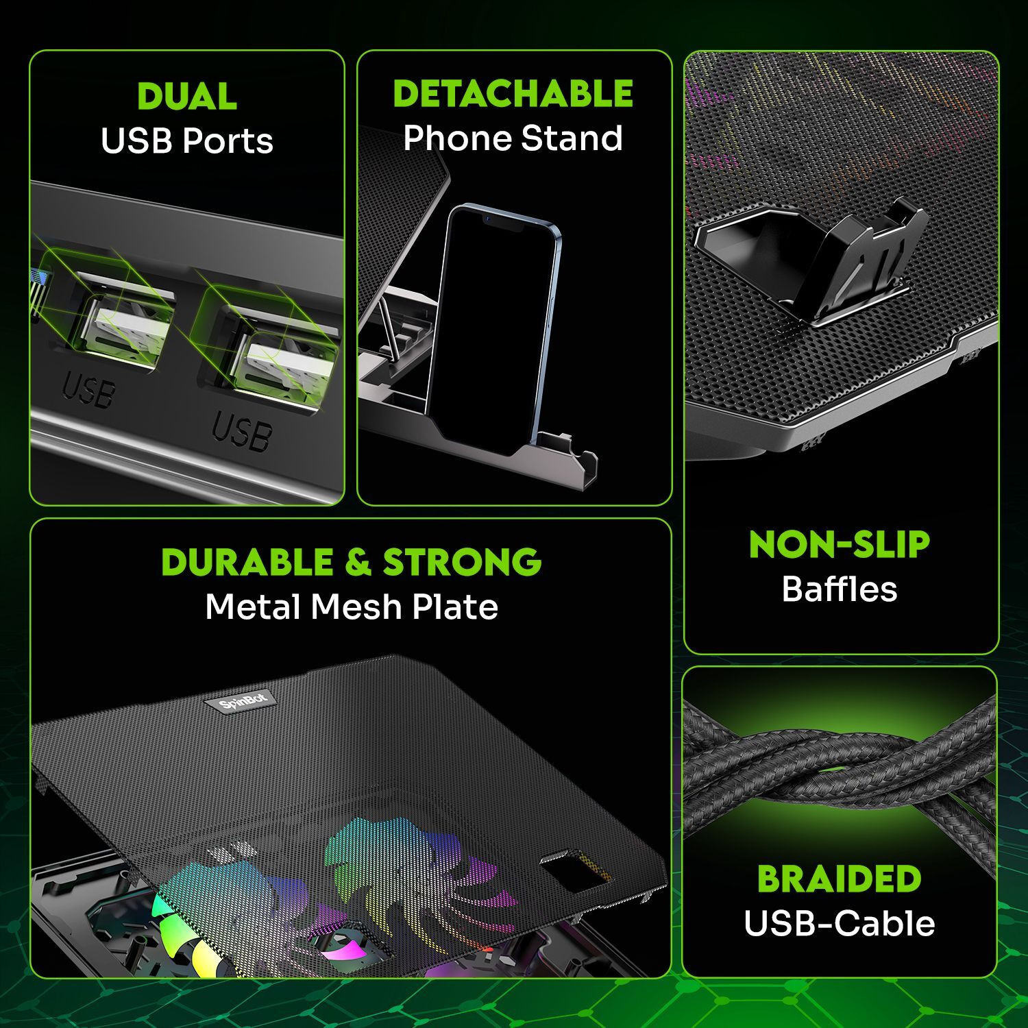 Image of SpinBot AirFlow X10 |2 Fans|RGB Lights|Speed Slider|Metal Body| 2 Fan Ergonomic Cooling Pad with Adjustable Height