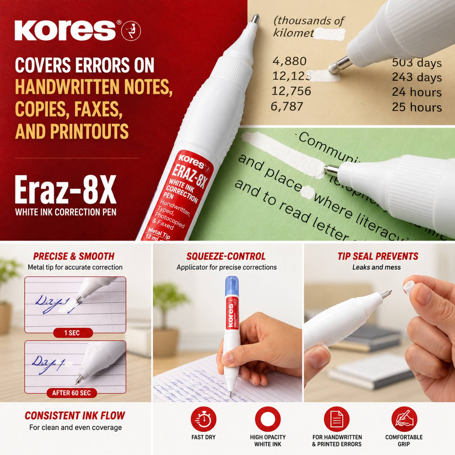 KORES Eraz-ex 0.7 mm Correction Pen 12 ml Pack of 2 - Image 4