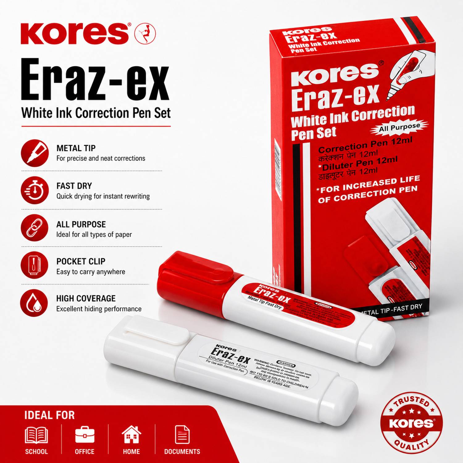 KORES Eraz-ex 0.7 mm Correction Pen 12 ml Pack of 2 - Image 2