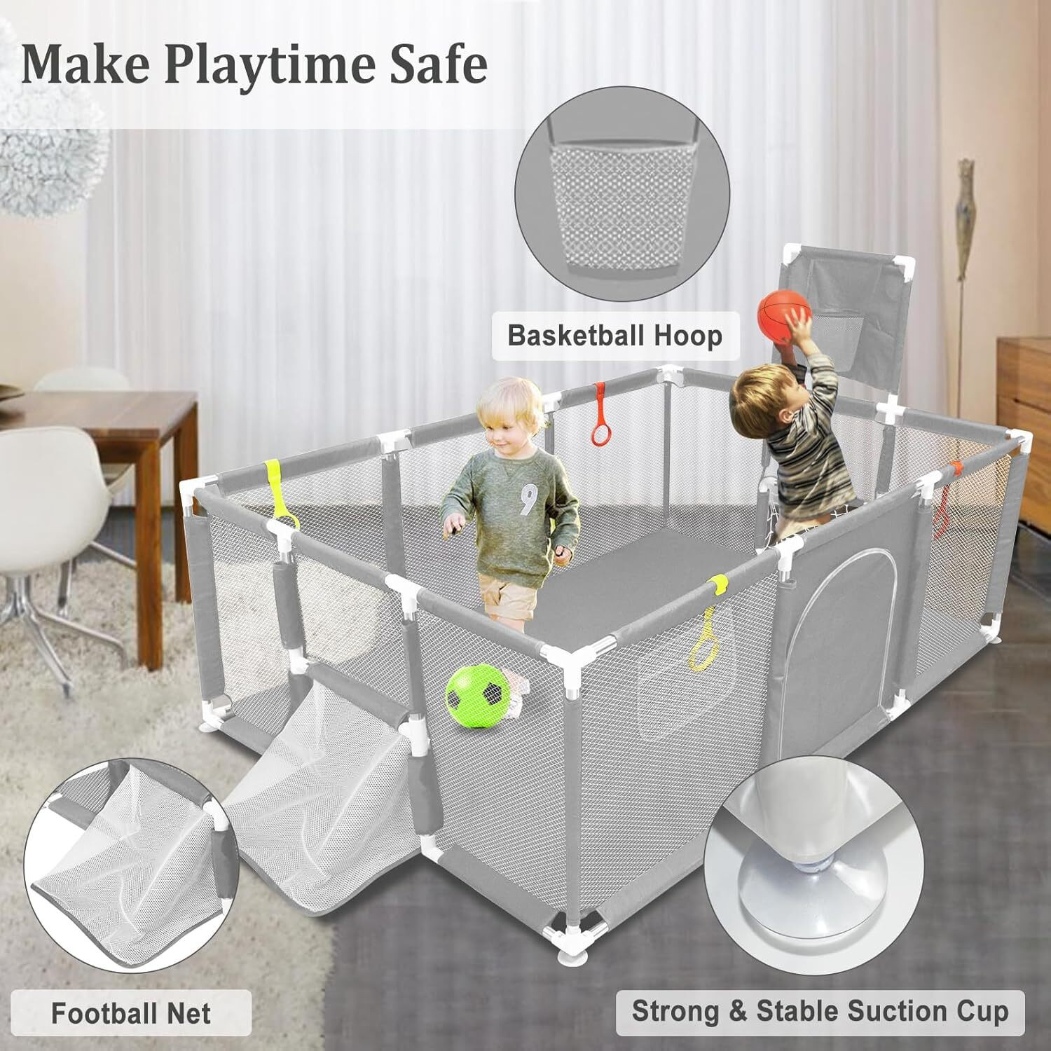 Image of Samusagya Baby Playpen with Basketball Hoop Large Baby Playard Safety Fence Kids Indoor Bassinet