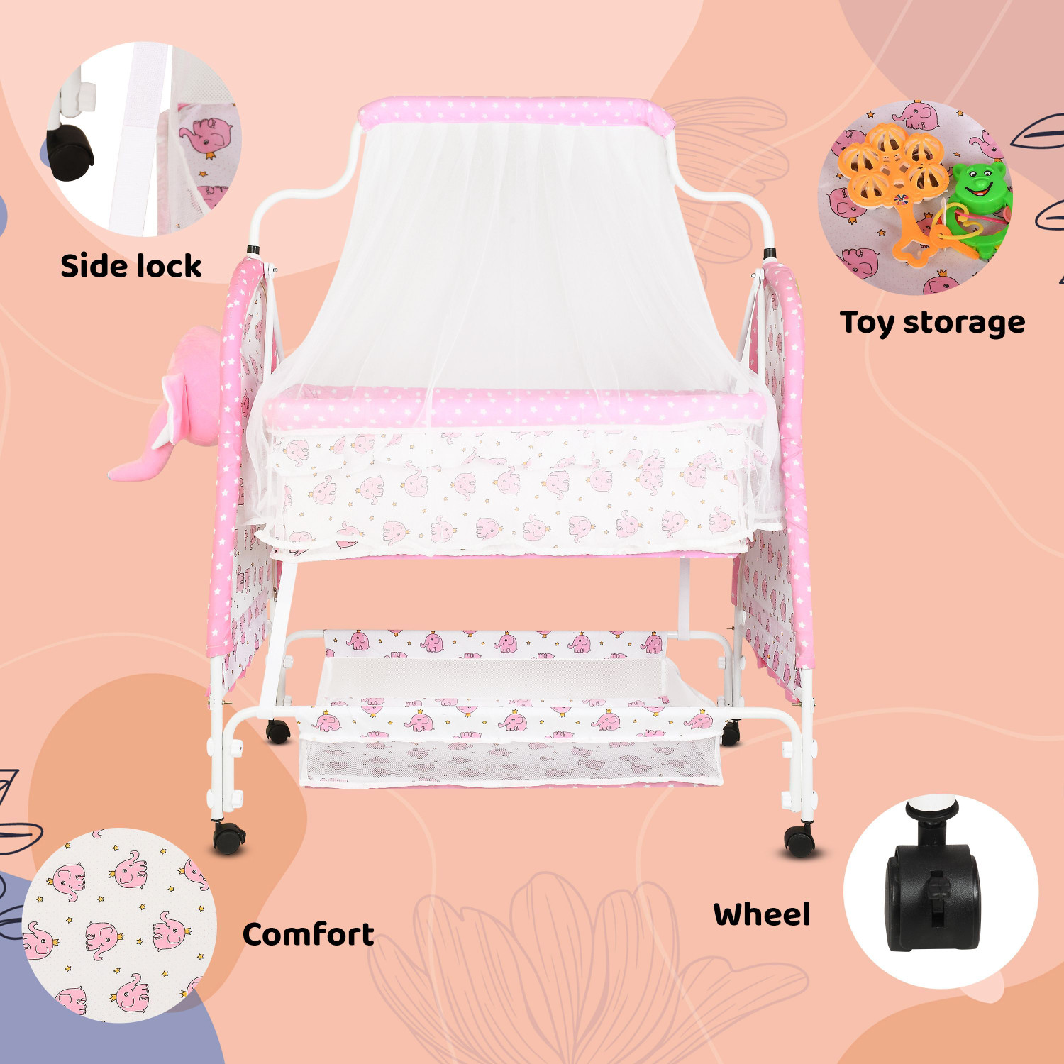 Image of LOL-FUN Cradle for kids cradle for baby boy and girl Cradle With Swing & Mosquito Net Bassinet (PINK 2)
