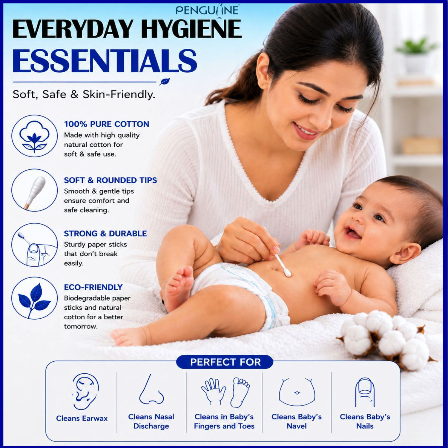 Image of PENGUINE Cotton Ear Buds /Cotton Swabs for Baby-Soft & Gentle, Safe for Newborns & Infants