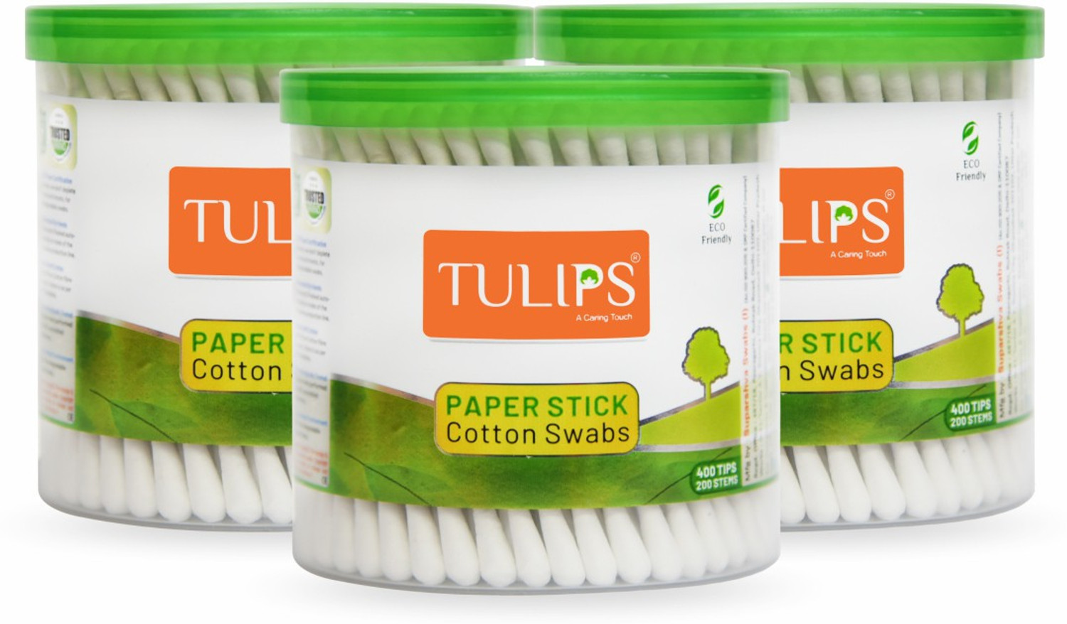 Image of Tulips Cotton Ear Buds {Pack of 3} with White PAPER Stick 200 Sticks in a Jar