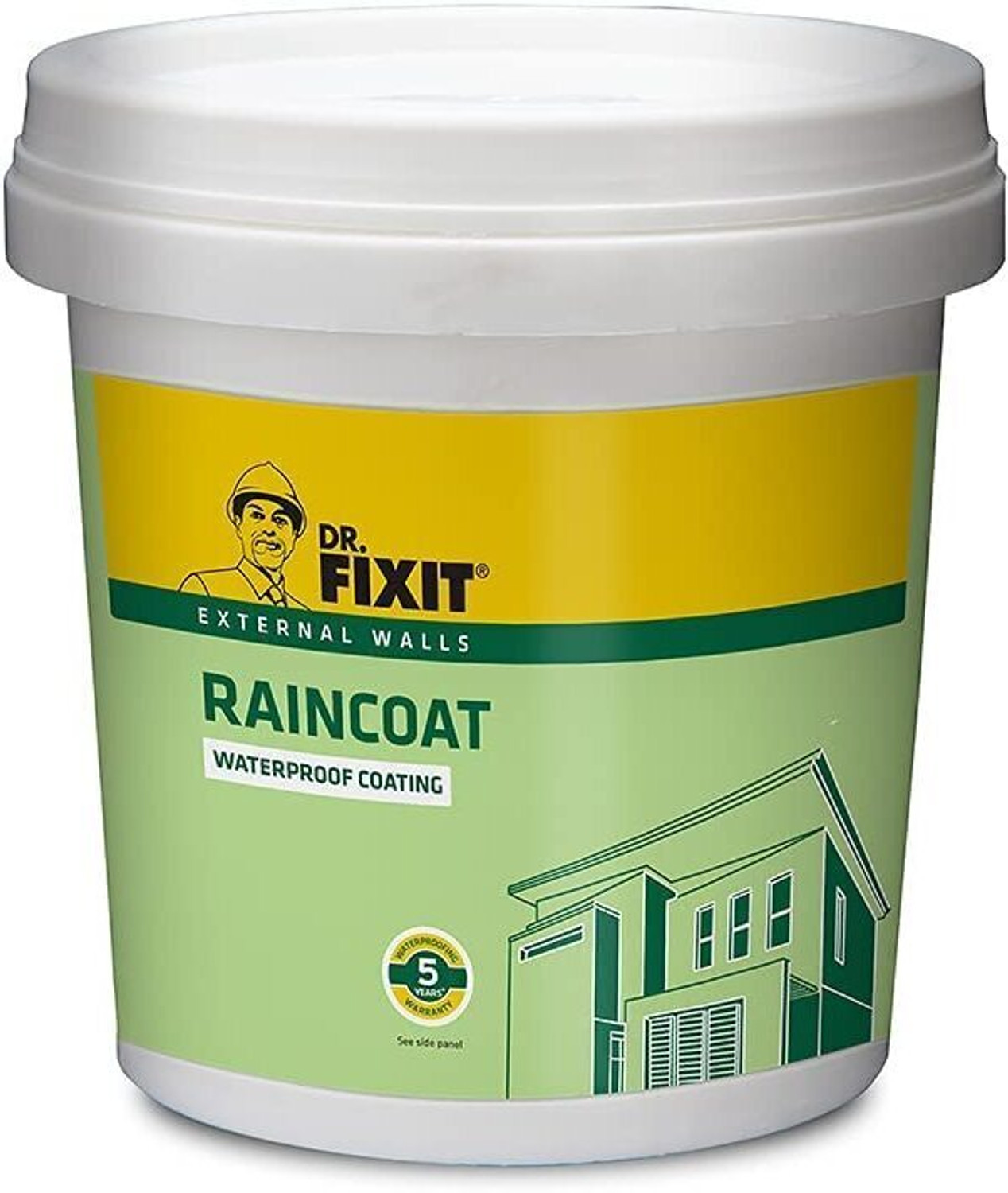 Image of Dr. Fixit Raincoat WPC, Waterproof Coating, External wall waterproofing, Coating, No dilution, 1 Litre, Single Coat Application, Elastomeric, 5 years waterproofing, Base coat, Brush, Roller Crack Filler