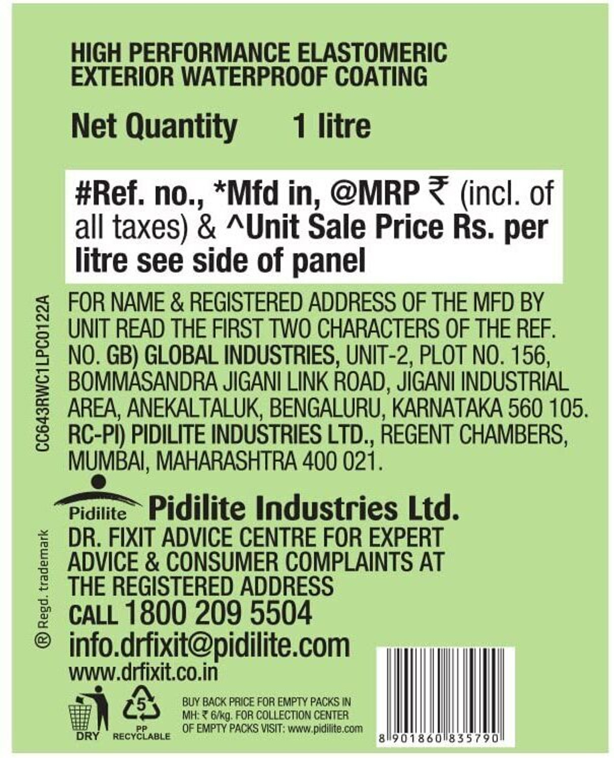 Image of Dr. Fixit Raincoat WPC, Waterproof Coating, External wall waterproofing, Coating, No dilution, 1 Litre, Single Coat Application, Elastomeric, 5 years waterproofing, Base coat, Brush, Roller Crack Filler
