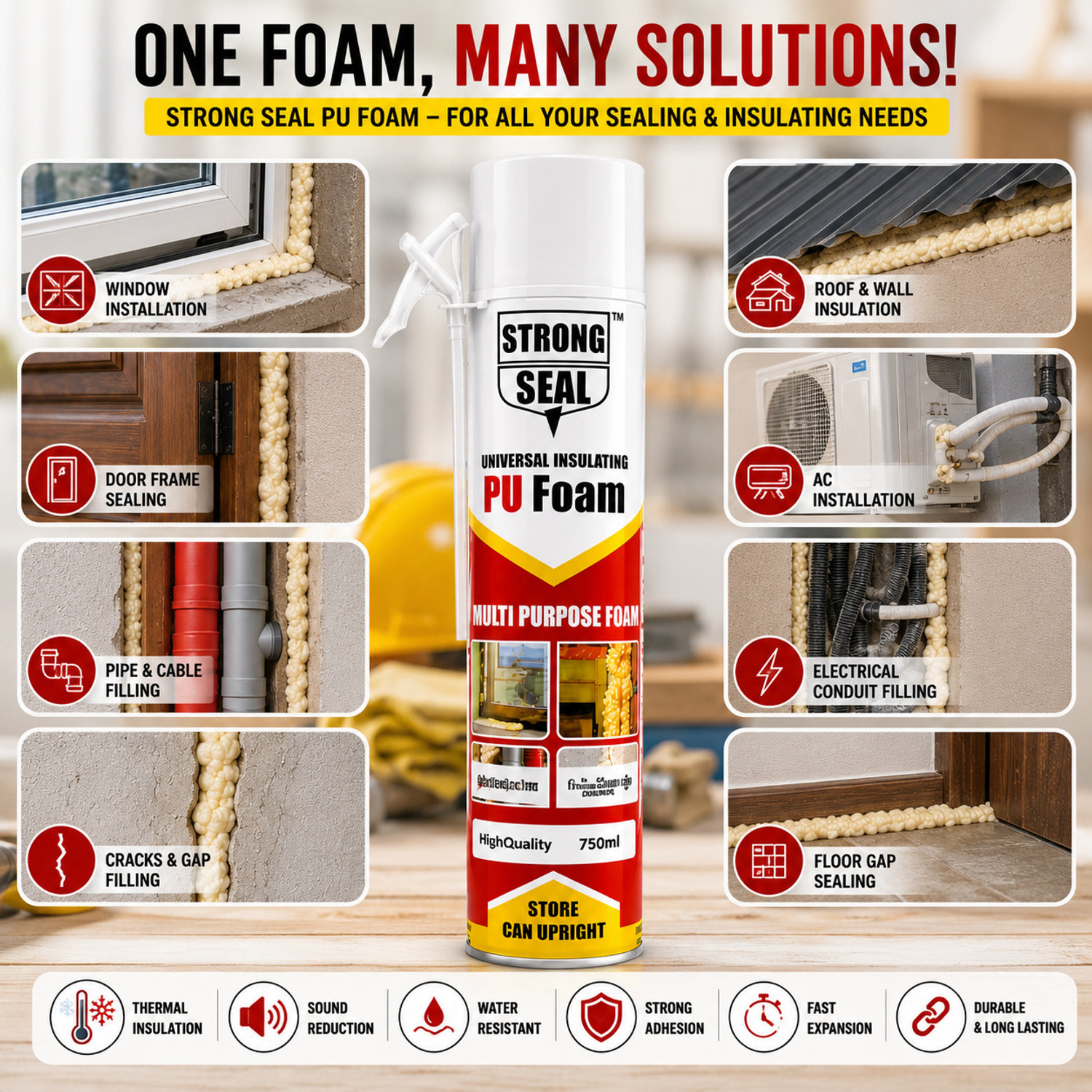 Image of Hp Adhesive PU Foam Spray Sealant for Filling Gaps, Cracks, Holes & Insulation - 750 ml Crack Filler