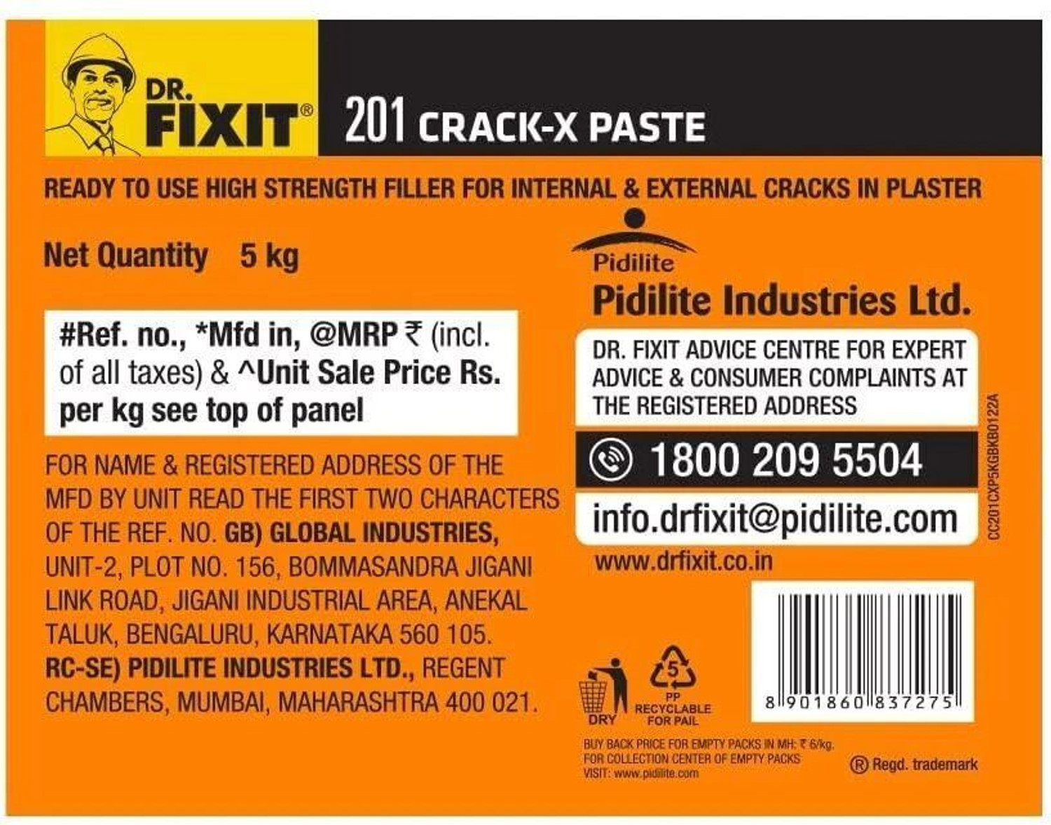 Image of Dr. Fixit CRACK X PASTE, Crackfilling, Ready to Use, 5 KG Crack Filler