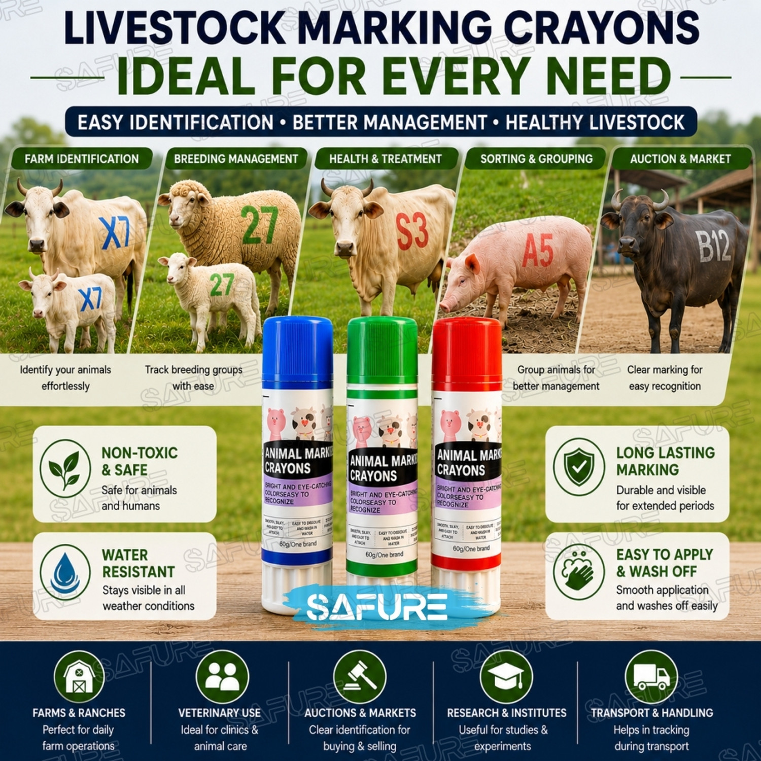 Image of SAFURE Livestock Marking Crayons - Non-Toxic, Bright Colors for Cattle, Sheep & Pigs