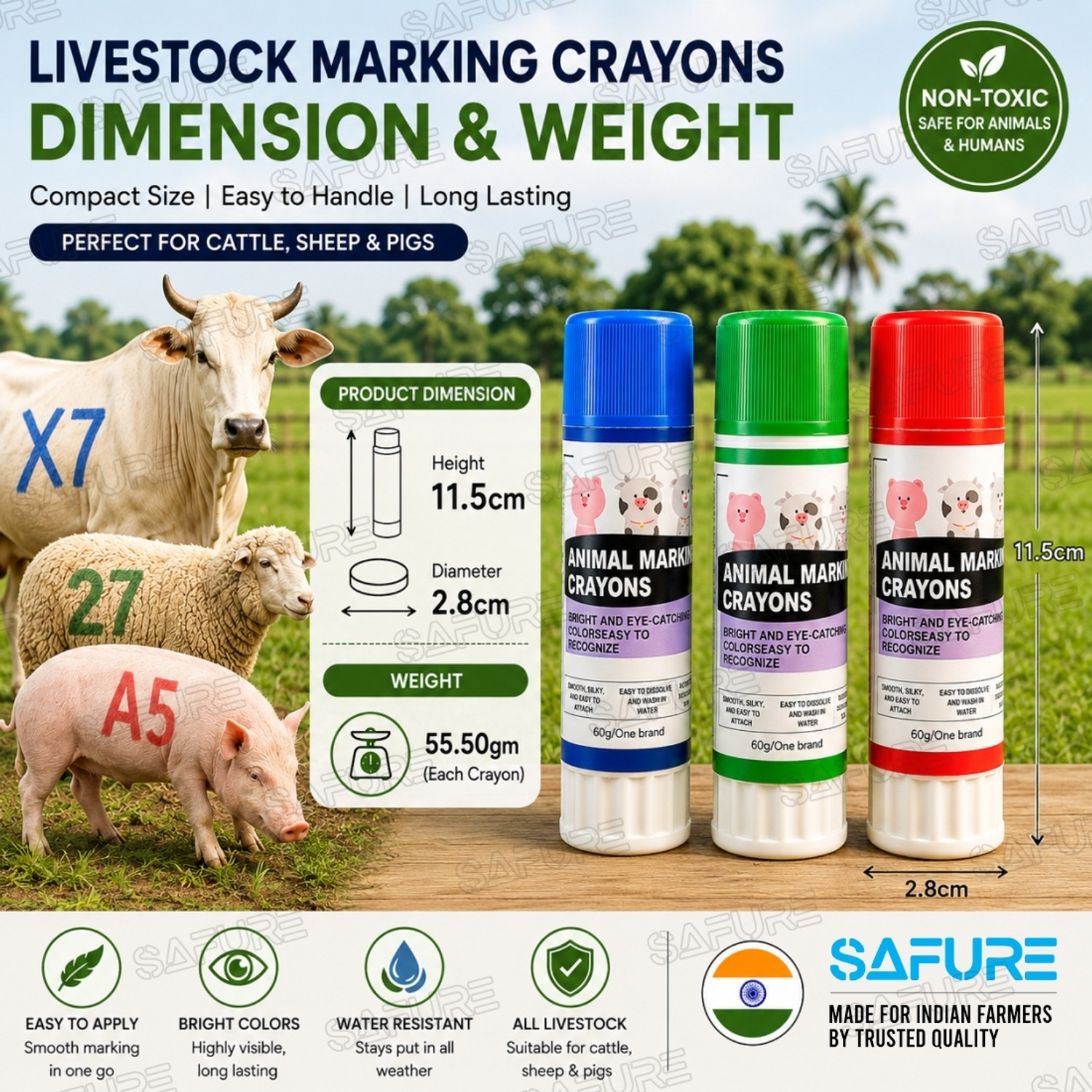 Image of SAFURE Livestock Marking Crayons - Non-Toxic, Bright Colors for Cattle, Sheep & Pigs