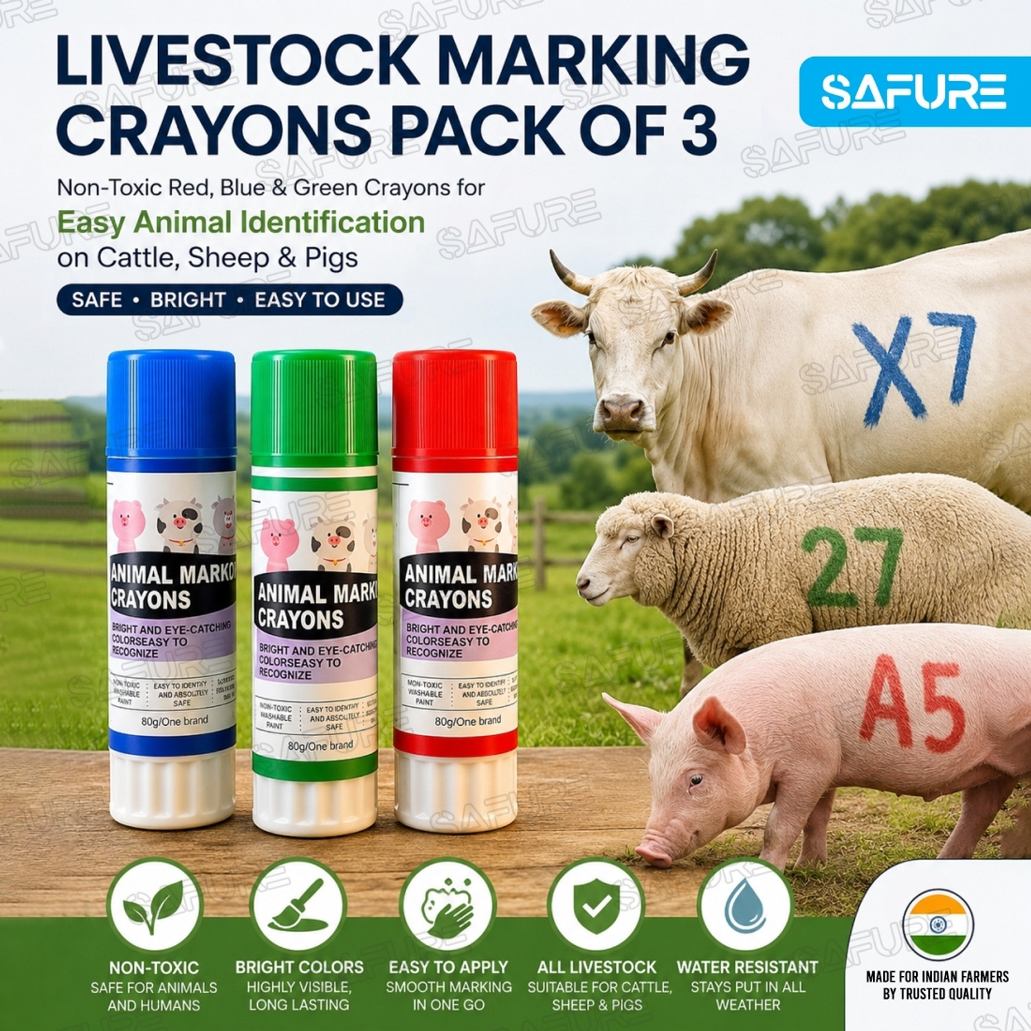 Image of SAFURE Livestock Marking Crayons - Non-Toxic, Bright Colors for Cattle, Sheep & Pigs