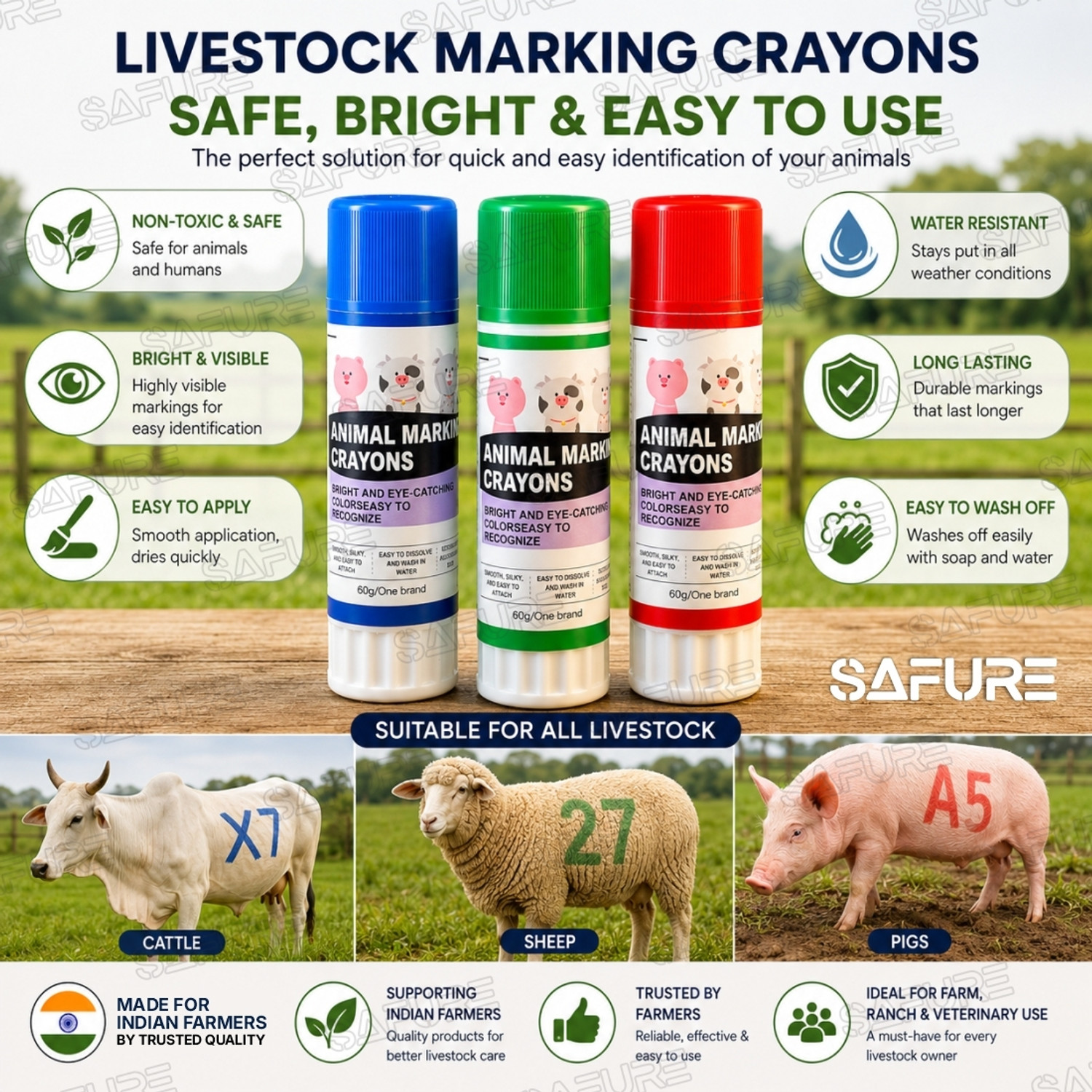 Image of SAFURE Livestock Marking Crayons - Non-Toxic, Bright Colors for Cattle, Sheep & Pigs