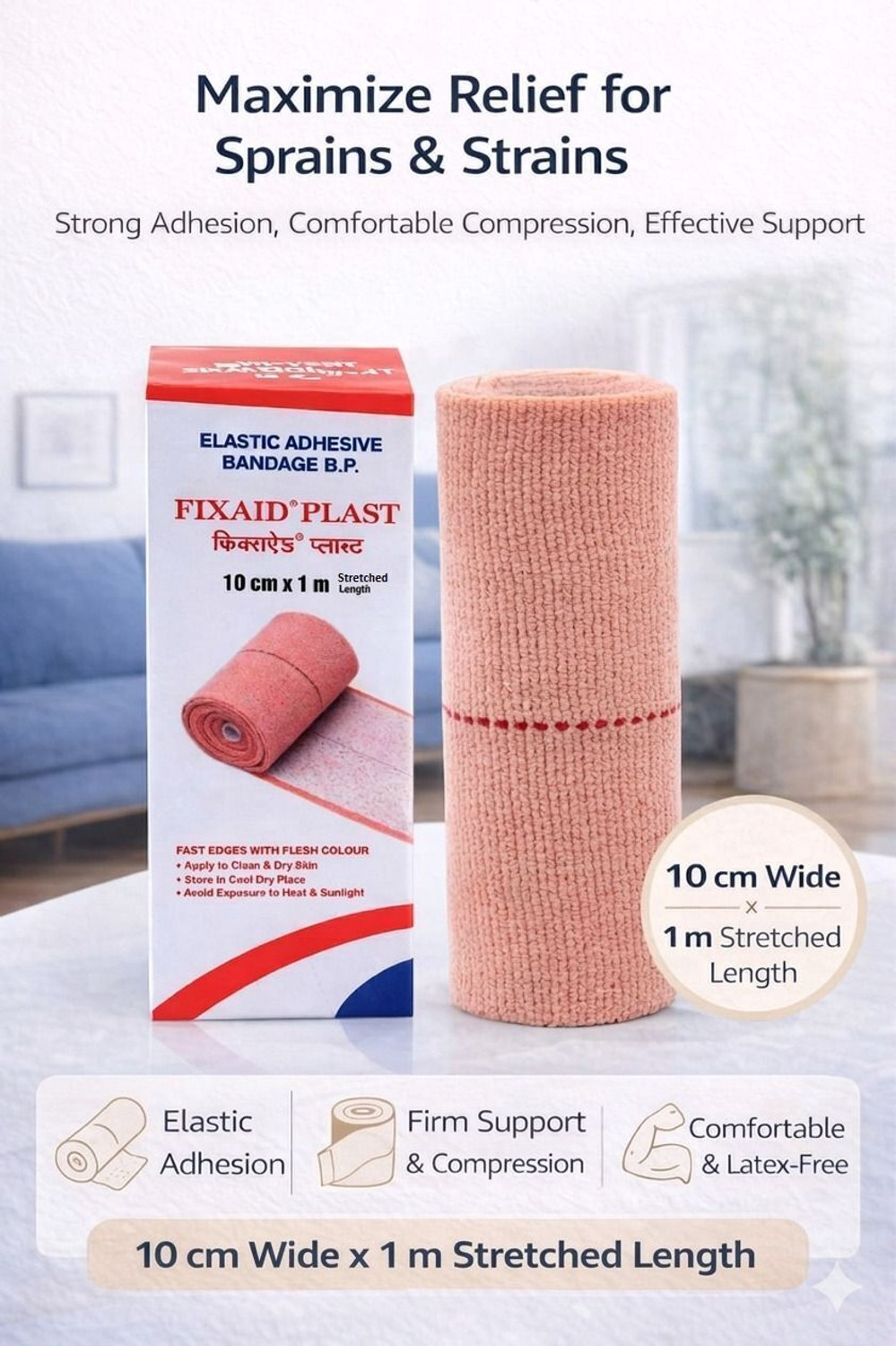 Image of FIXAID Elastic Adhesive Bandage B.P. 10cm*1m (Stretched) | Adhesive Bandage Pack of - 1 Crepe Bandage