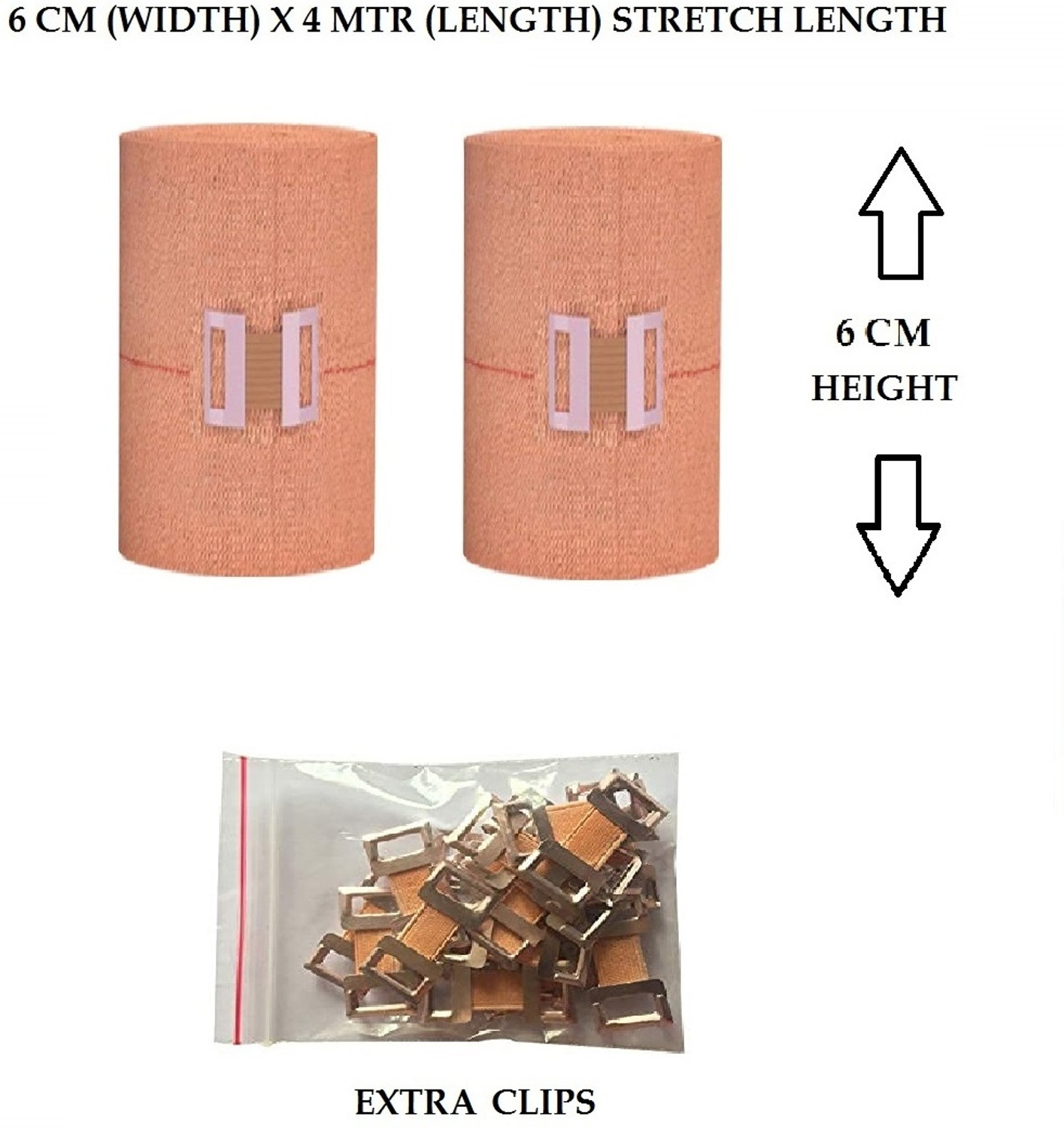 Image of RARE OCEANS ELASTIC CREPE BANDAGE (PACK OF 2 ) 6CM X 4 MTR FREE 6 NOS BANDAGE CLIPS Crepe Bandage