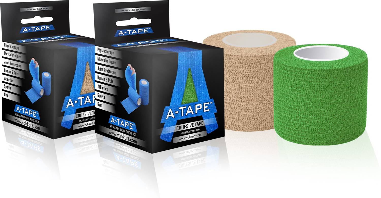 A-TAPE Self Adhesive Bandage Cohesive Green & Beige (5 cm X 4.5 meters, Pack of 2) Elastic Crepe Bandage Crepe Bandage