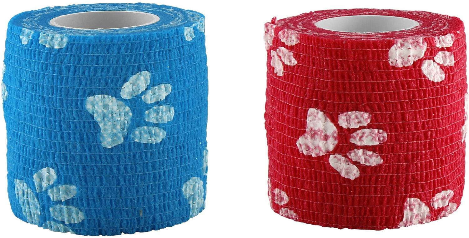 A-TAPE Self Adhesive Bandage Cohesive Red & Blue Paw Prints (5 cm X 4.5 meters, Pack of 2) Elastic Crepe Bandage