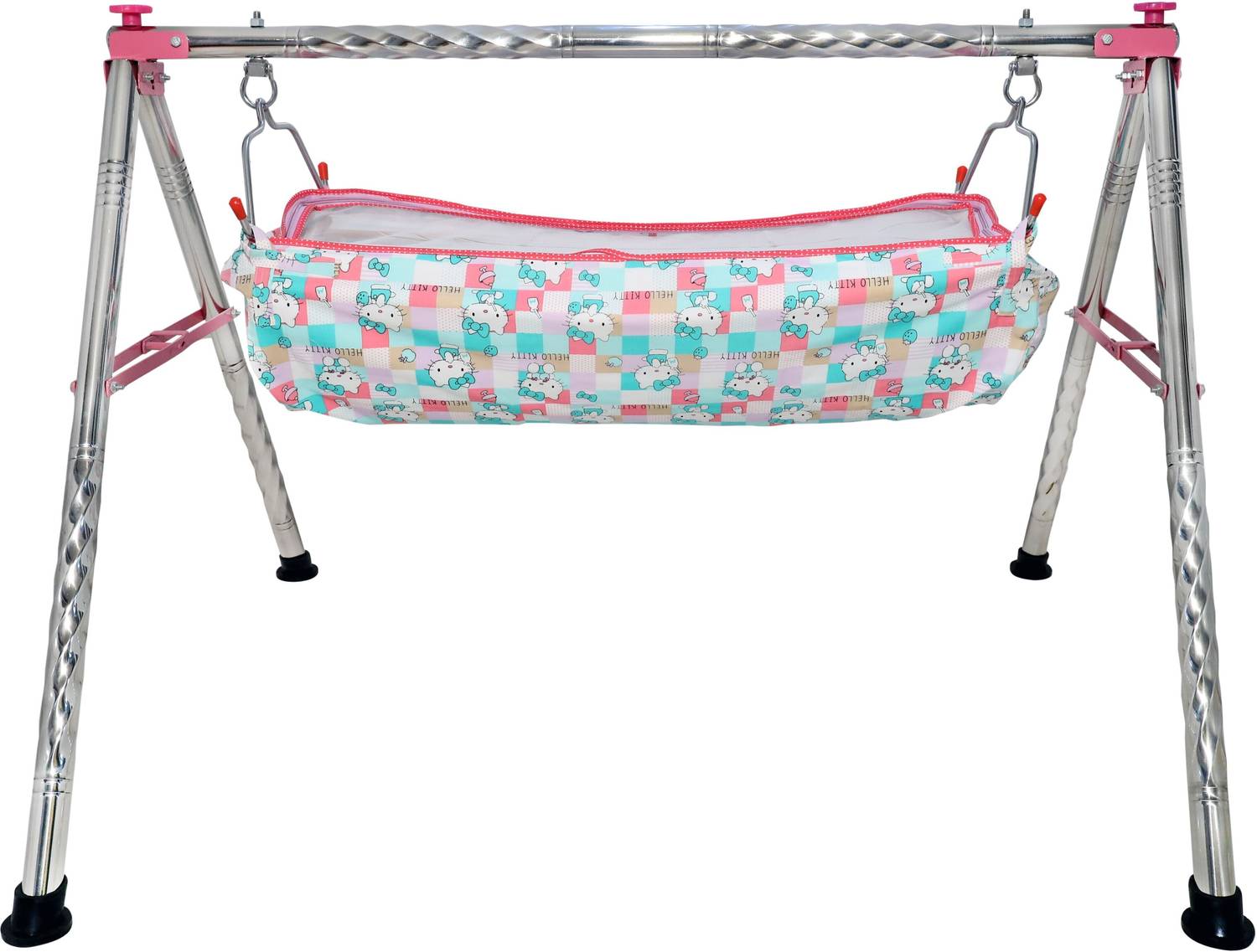 Aamivi CR110 Pink Round Twisted Foldable Stainless Steel Baby Cradle with Hammock