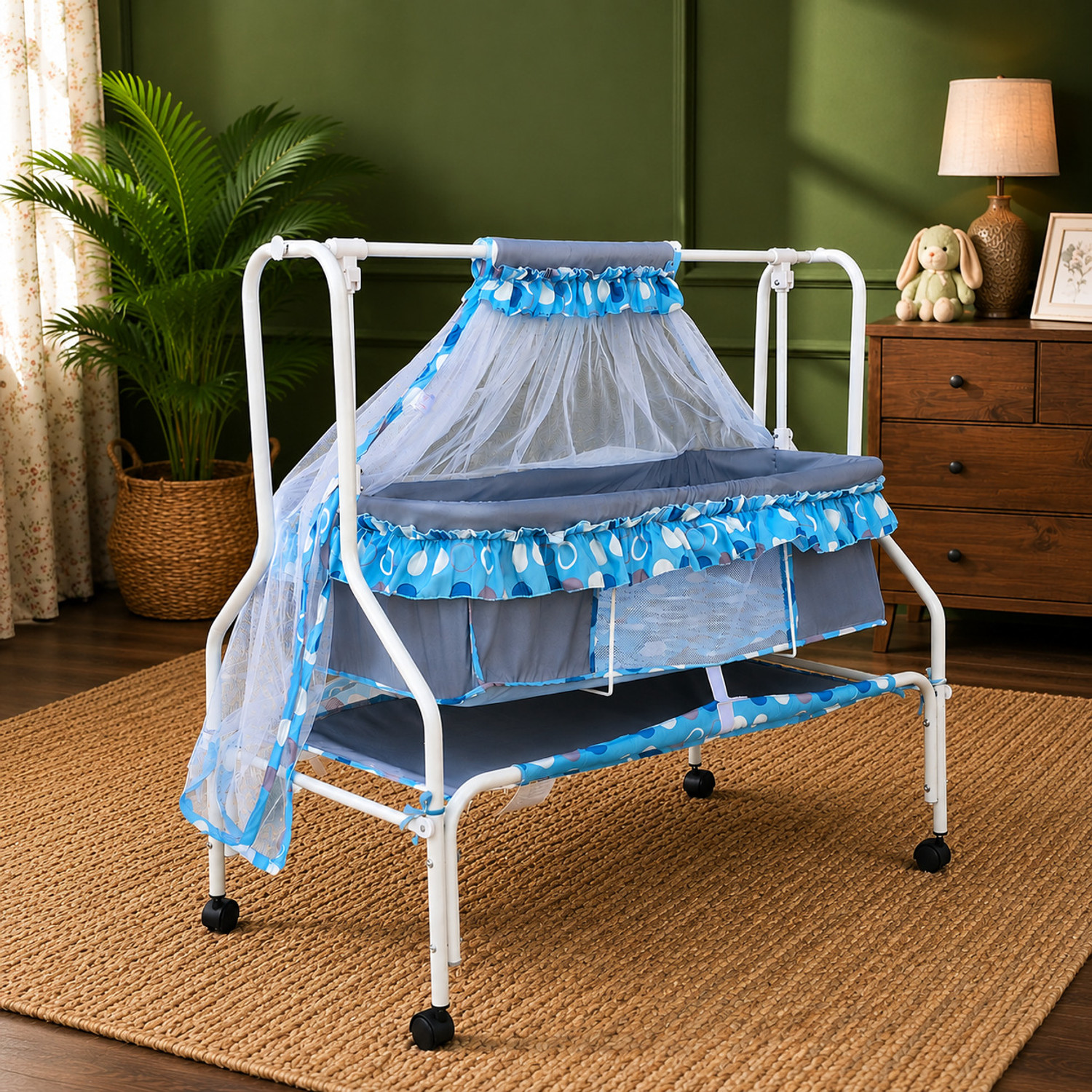 KIDDERY Ares | Value Baby Cradle | New improved Mattress Design | 25% More Space for Baby | Mosquito Protection Net | All Wheel Lock | 0-8 months | Blue