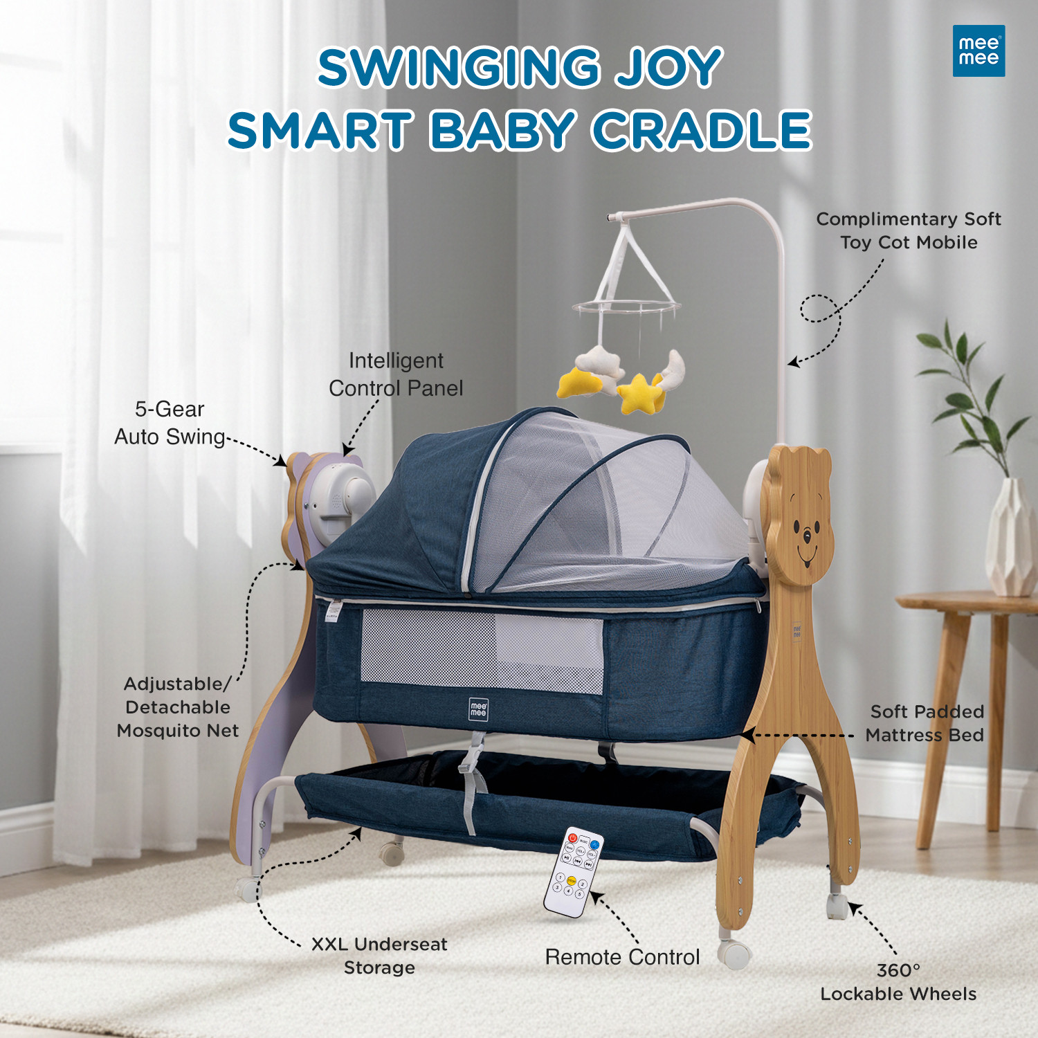 Image of MeeMee Swinging Joy Smart Baby Cradle, Cry Sensor Electric Baby with Mosquito Net