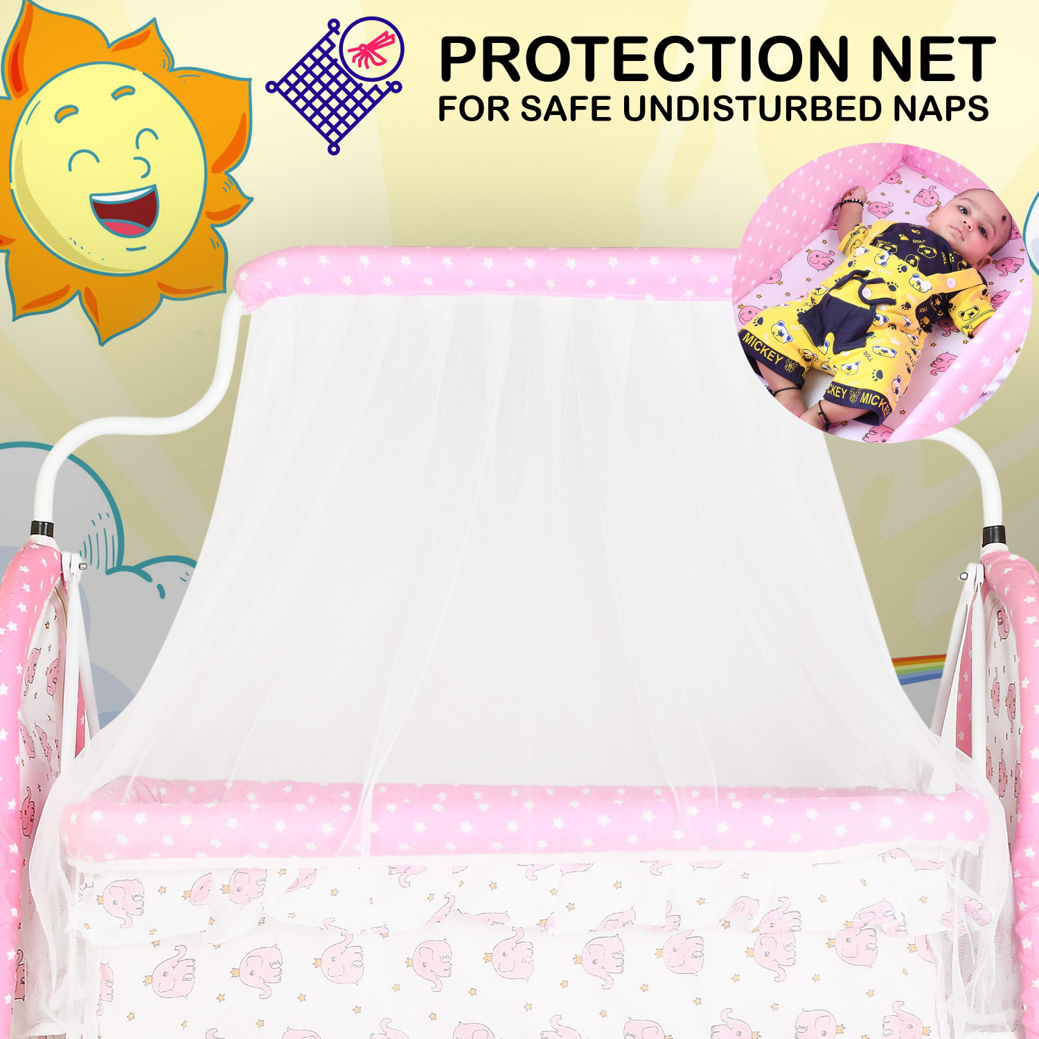 Image of LOL-FUN Cradle for kids cradle for baby boy and girl Cradle With Swing & Mosquito Net Bassinet (PINK 2)