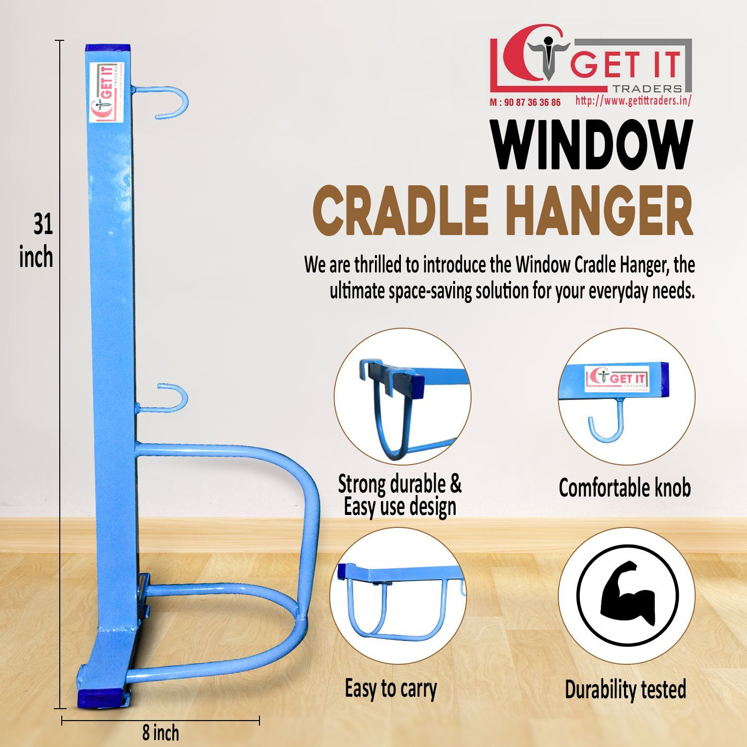 Image of Get IT Blue Window Cradle Premium Strong Metal and 100 % Baby Safety Stand Alone