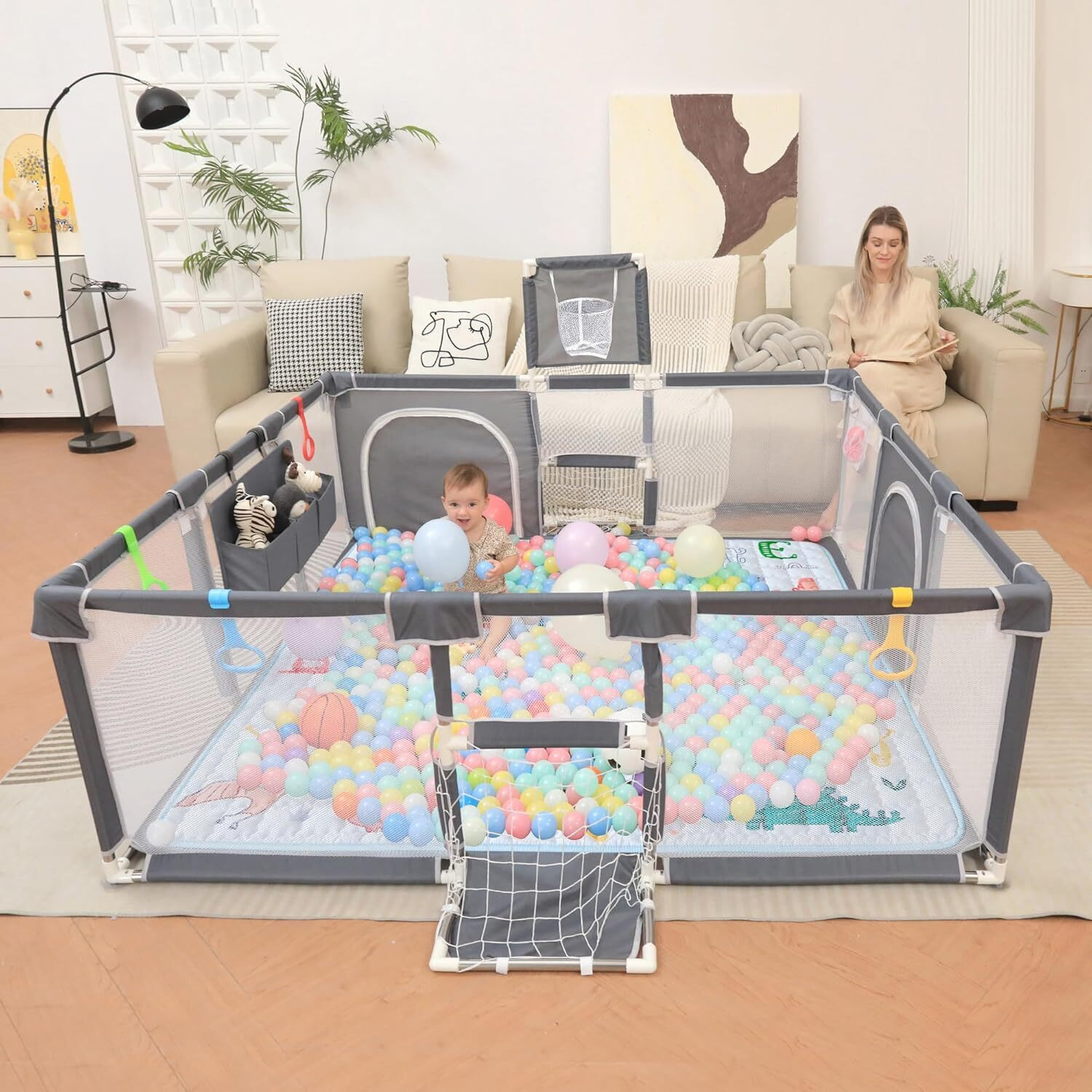 Image of Samusagya Baby Playpen with Basketball Hoop Large Baby Playard Safety Fence Kids Indoor Bassinet