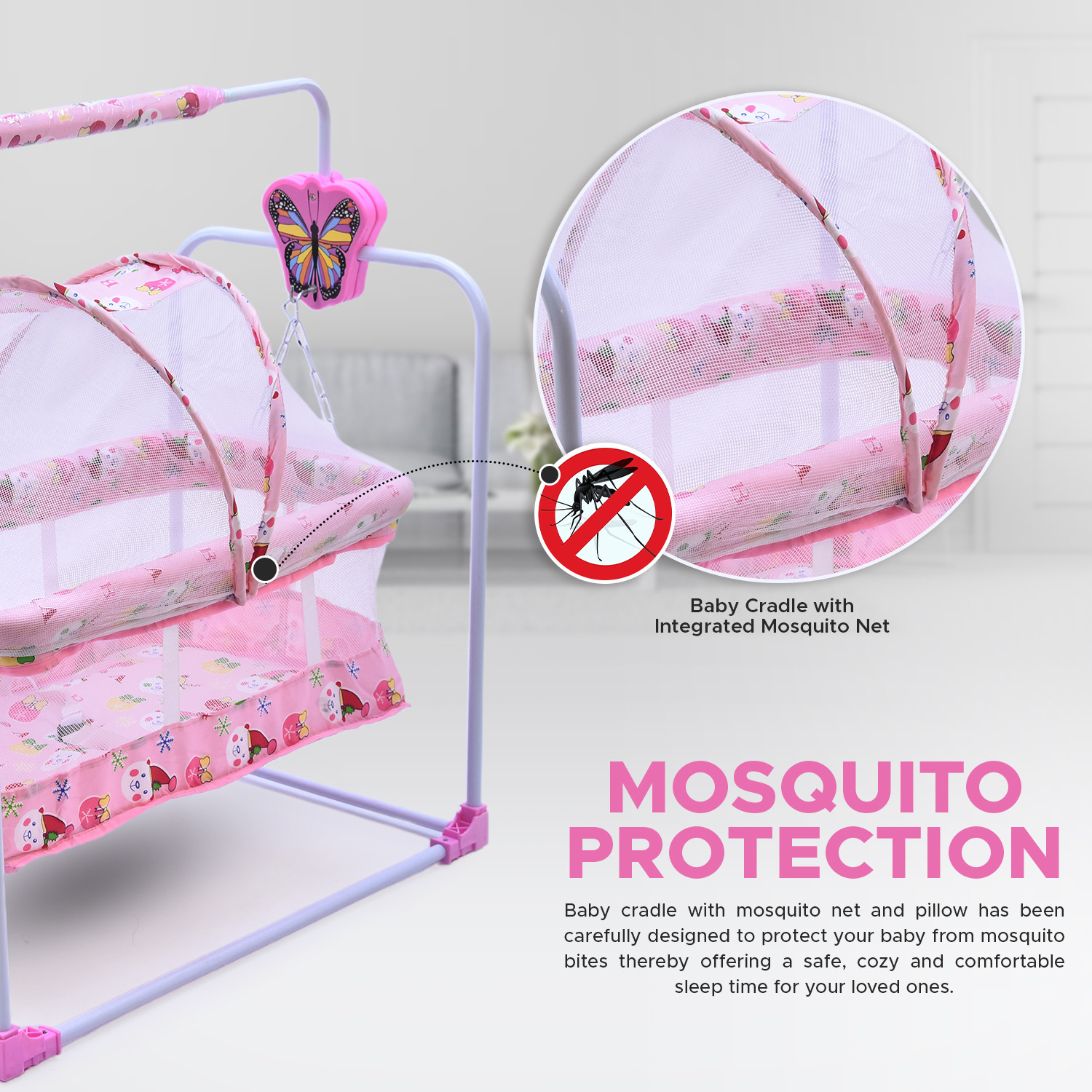 Image of bubblebaby Premium Quality Sturdy Cradle For 0-12Months Old With inbuilt Wheels,MosquitoNet