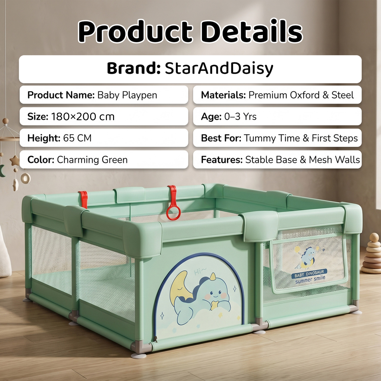 Image of StarAndDaisy 180x200 cm Baby Playpen with Breathable Mesh, Anti-Fall Pull Rings & Safety Lock (Green)