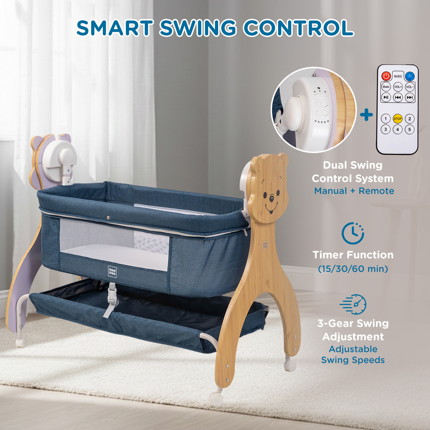 Image of MeeMee Swinging Joy Smart Baby Cradle, Cry Sensor Electric Baby with Mosquito Net