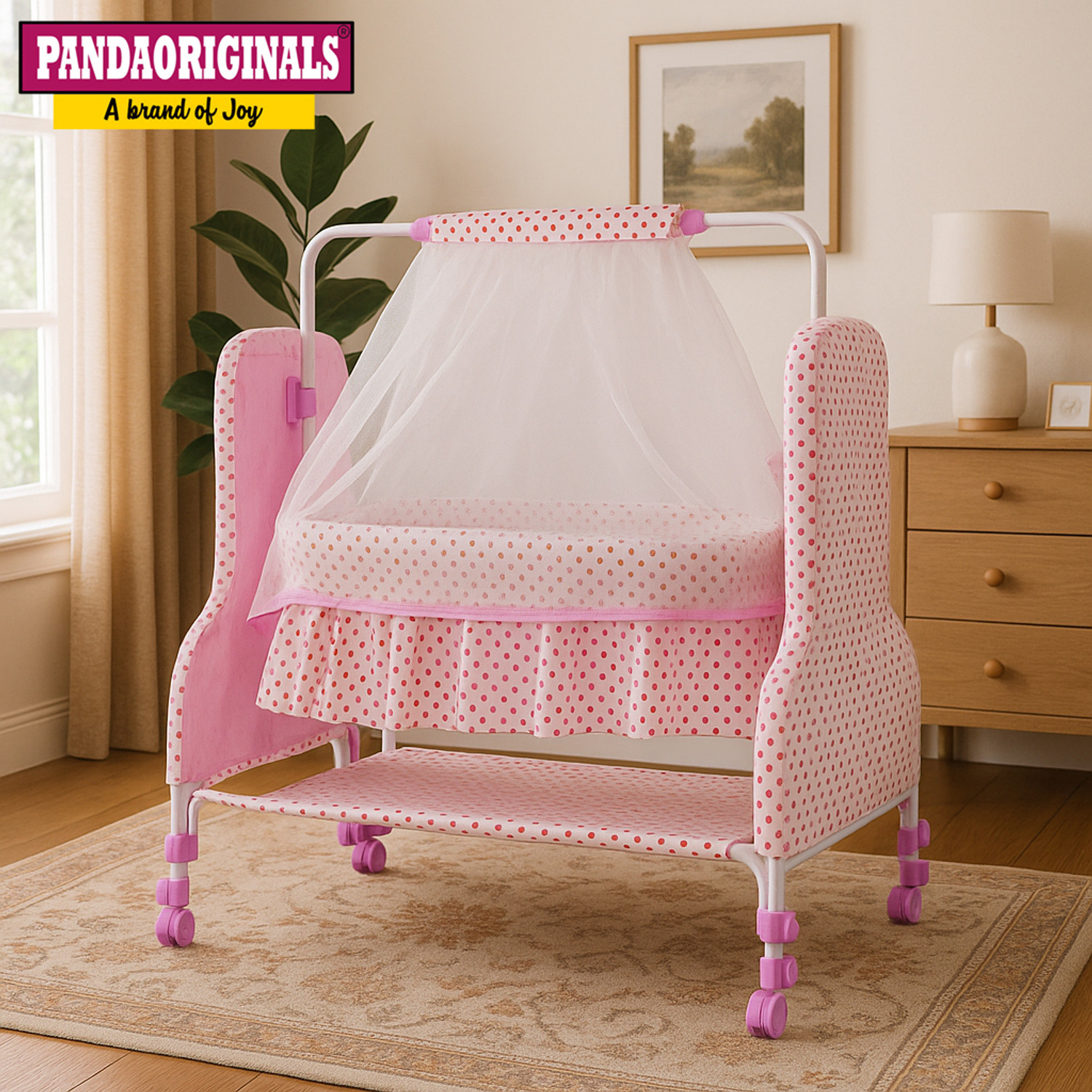 Image of Pandaoriginals BEST PINK BABY CRADLE PREMIUM|BEST IN SEGMENT FOR BABY With Mosquito Net Baby Jhula,Baby Paalna with Canopy Newborn Baby LittleNest Bassinet Cradle with Mosquito Net-Canopy And Wheels Recommened For Cradle For Baby With Net And Swing kids Cradle Baby Cradle Mosquito Net Cradle baby cradle jhula swing