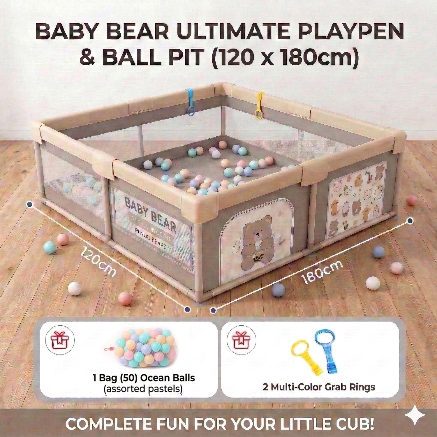 Image of Safe-o-kid 120 x 180cm Playpen for Baby up to 5 Yrs Playards with 50 Balls, Safety Lock