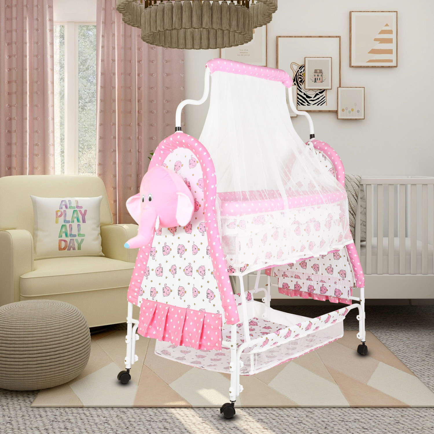 Image of LOL-FUN Cradle for kids cradle for baby boy and girl Cradle With Swing & Mosquito Net Bassinet (PINK 2)